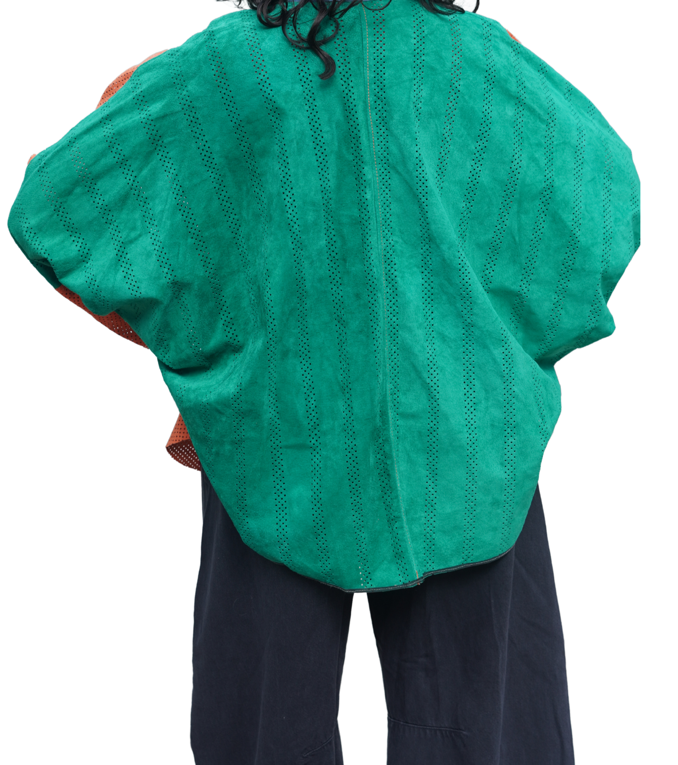 Orange and Green Perforated Suede Leather Jacket by Pepin Designs #16