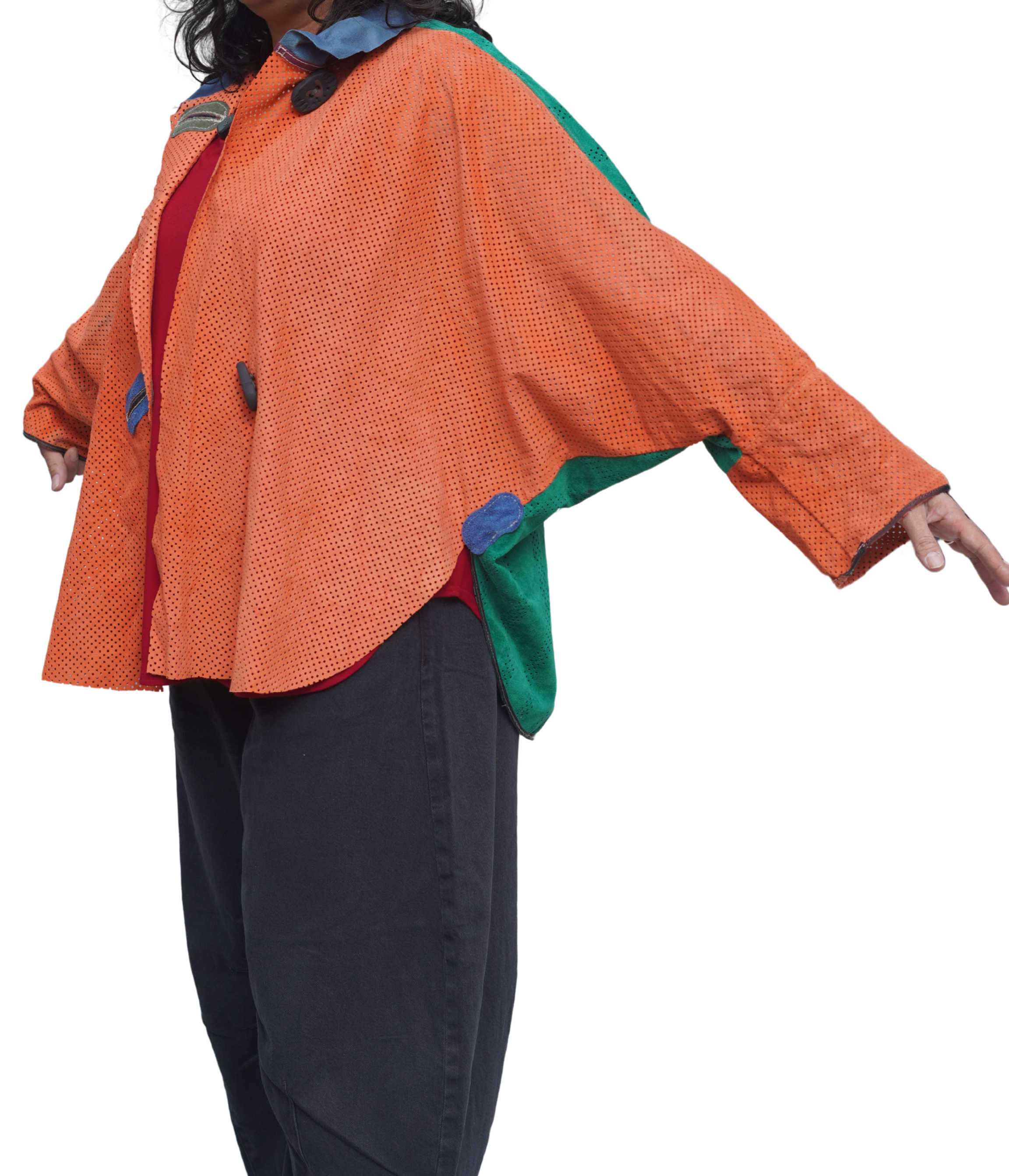 Orange and Green Perforated Suede Leather Jacket by Pepin Designs #16