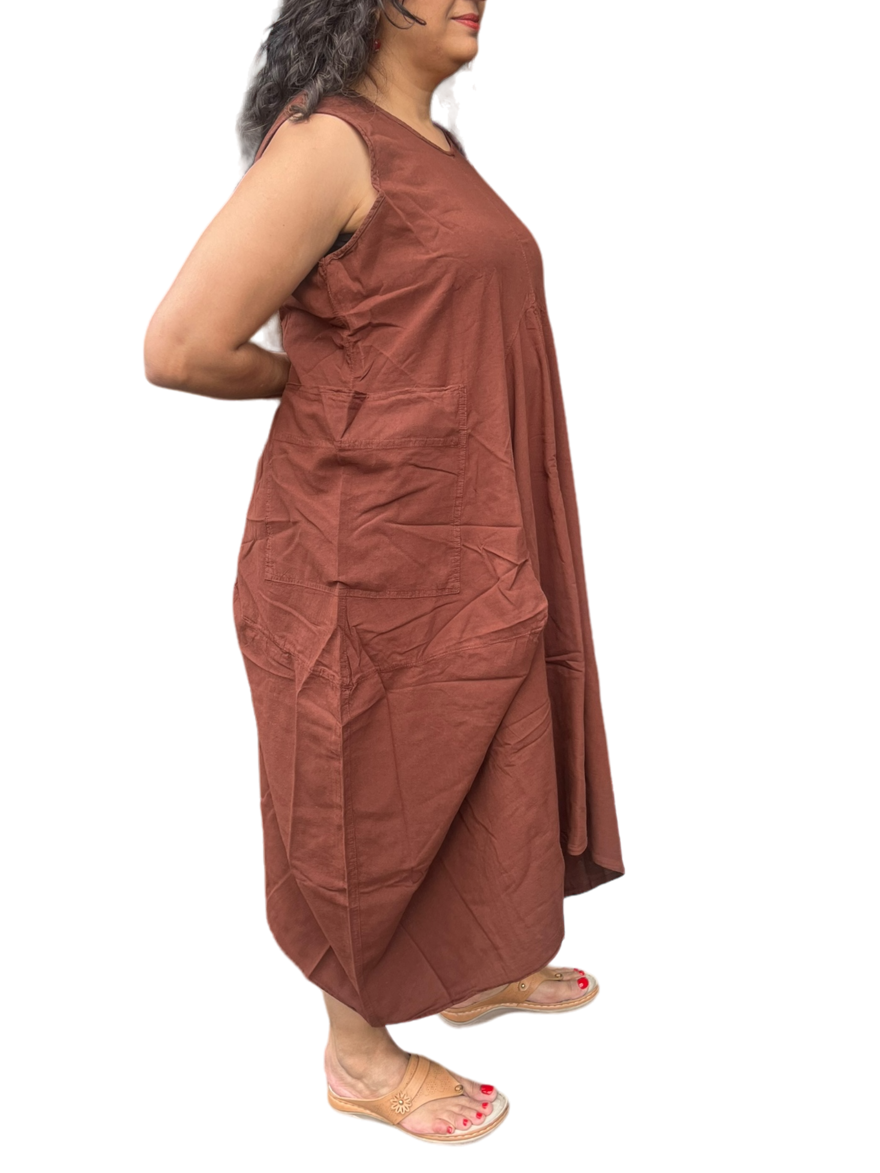 Brown Cotton Parachute Dress with Pockets