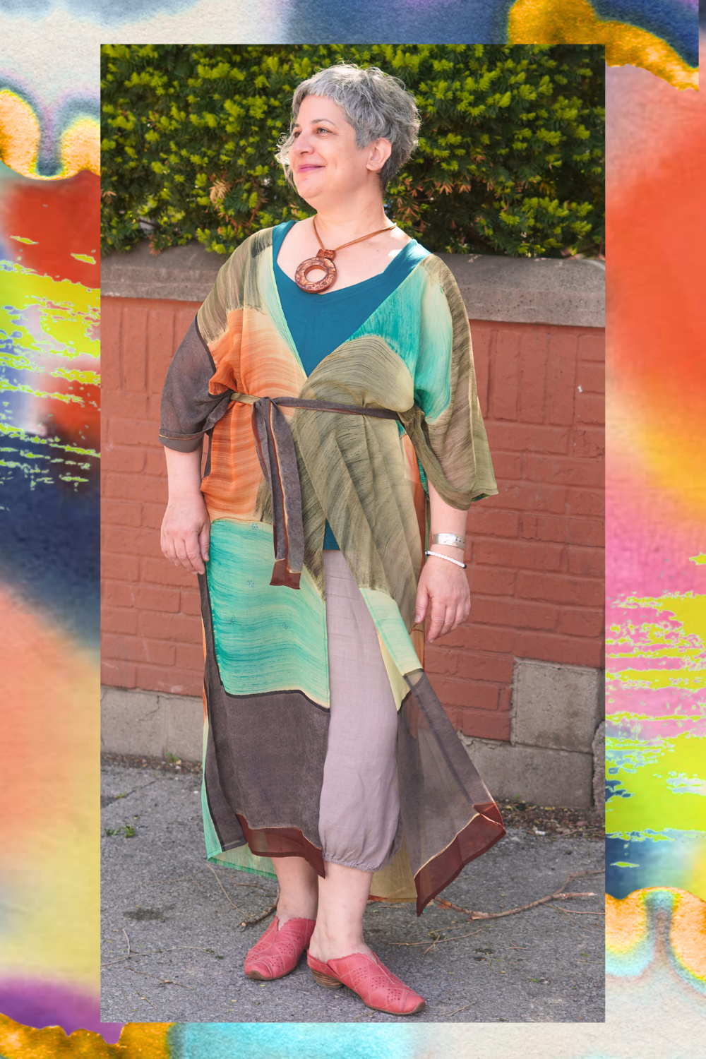 PRG9050 Sheer Avatar Long Pure Silk Kimono Sleeved Duster with Belt