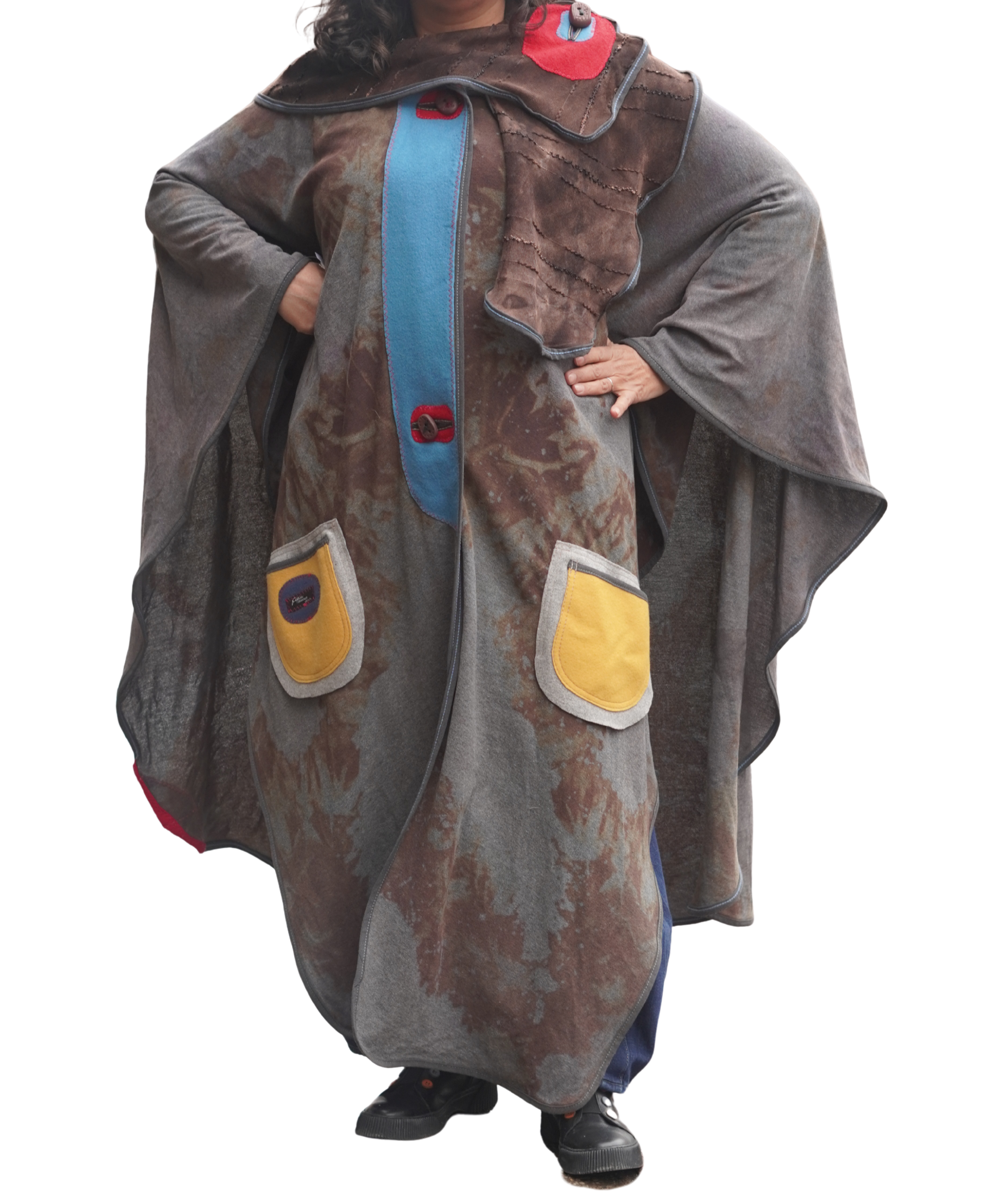 Hand-Dyed Full Length Grey and Beige Cotton Cape with Leather and Boiled Wool Detail by Pepin Designs