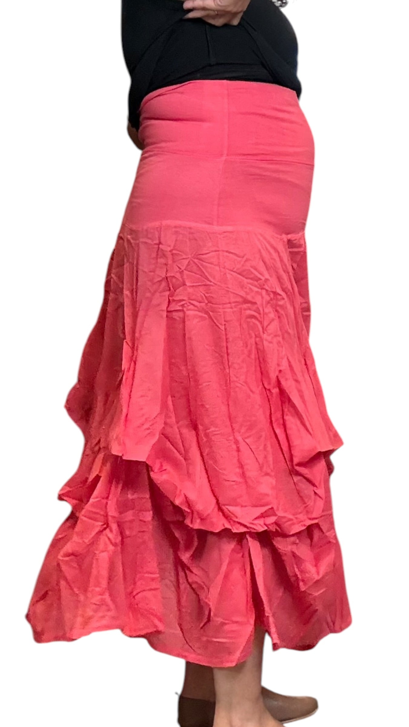 Coral Gathered Bubble Cotton Voile Tiered Skirt