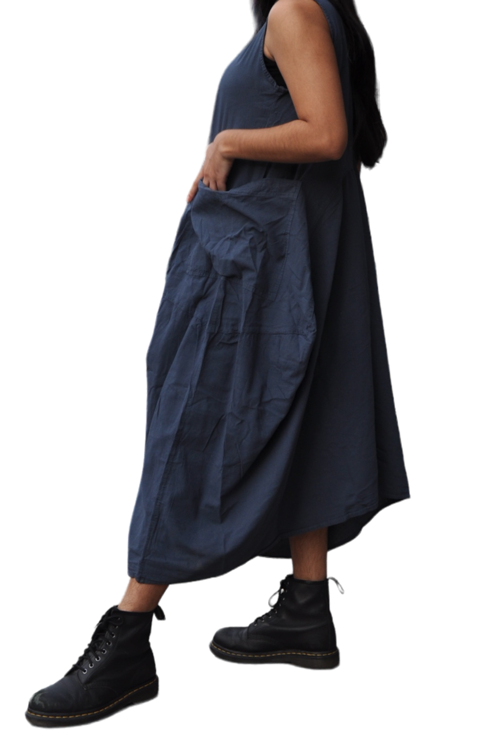 Denim-Toned Cotton Parachute Dress with Pockets