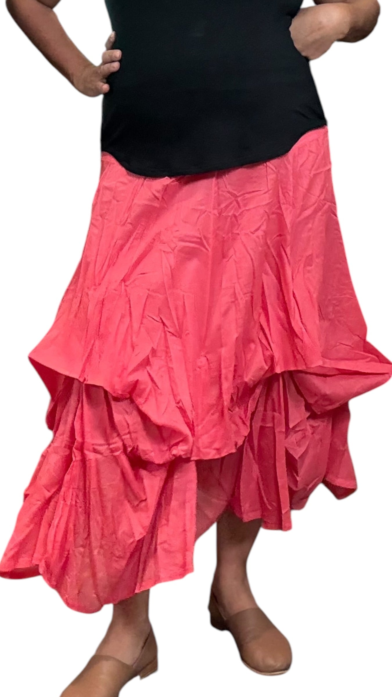 Coral Gathered Bubble Cotton Voile Tiered Skirt
