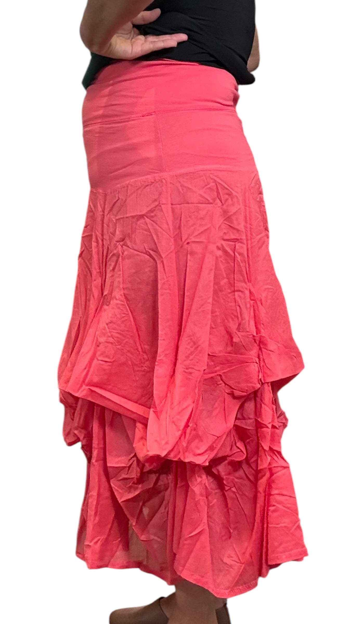 Coral Gathered Bubble Cotton Voile Tiered Skirt