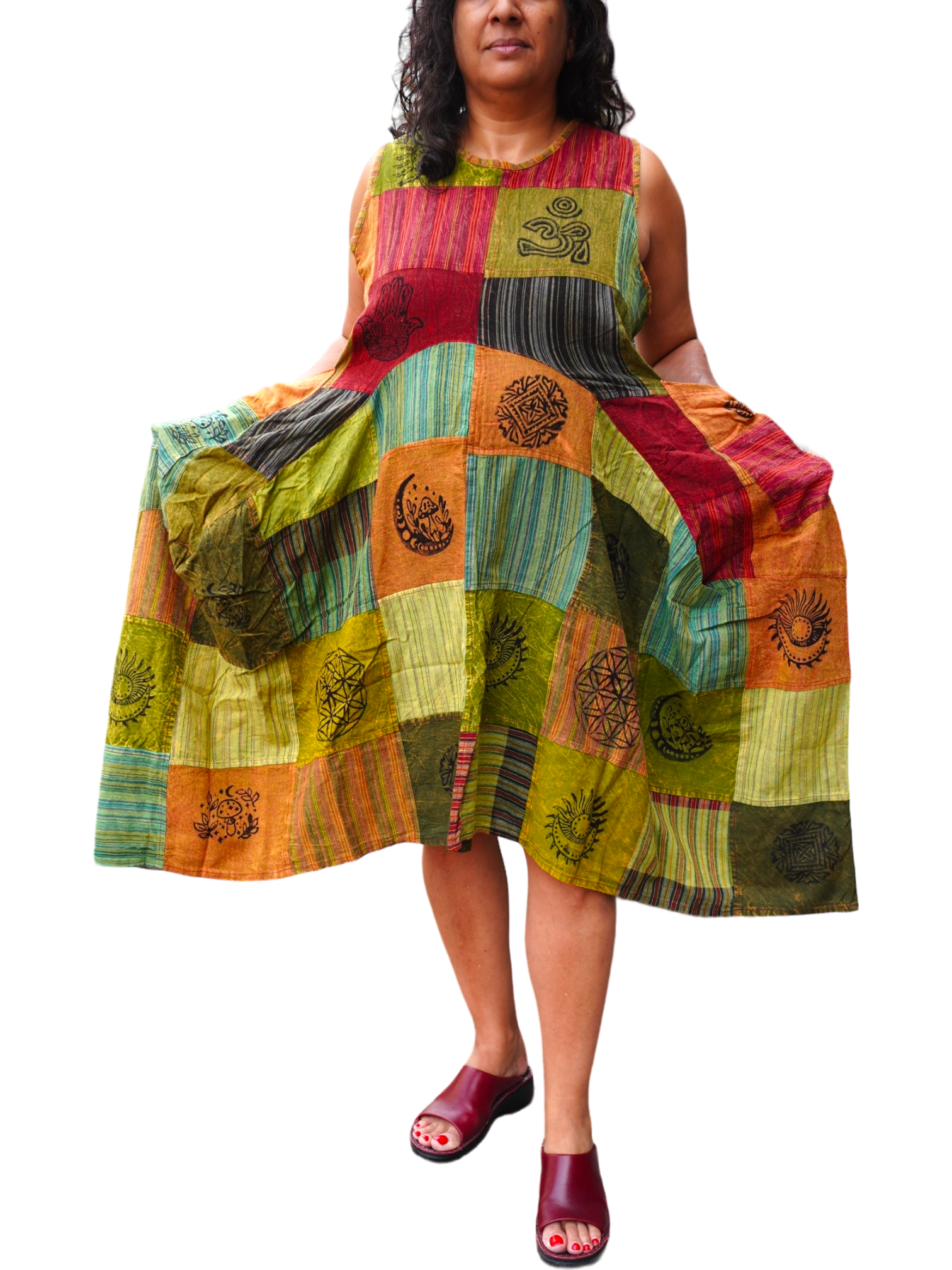 Yellow Patchwork Cotton Parachute Dress with Pockets