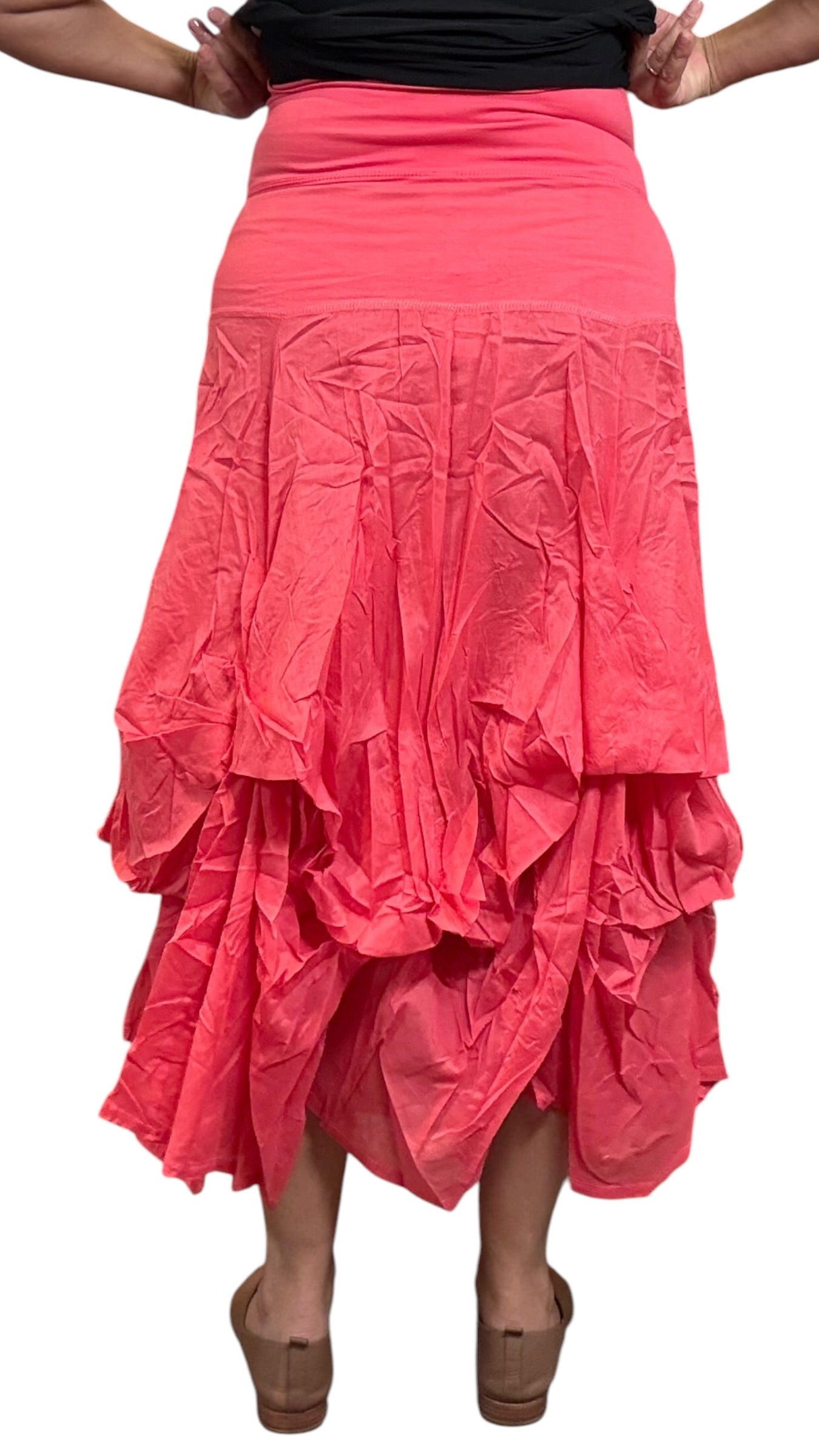 Coral Gathered Bubble Cotton Voile Tiered Skirt