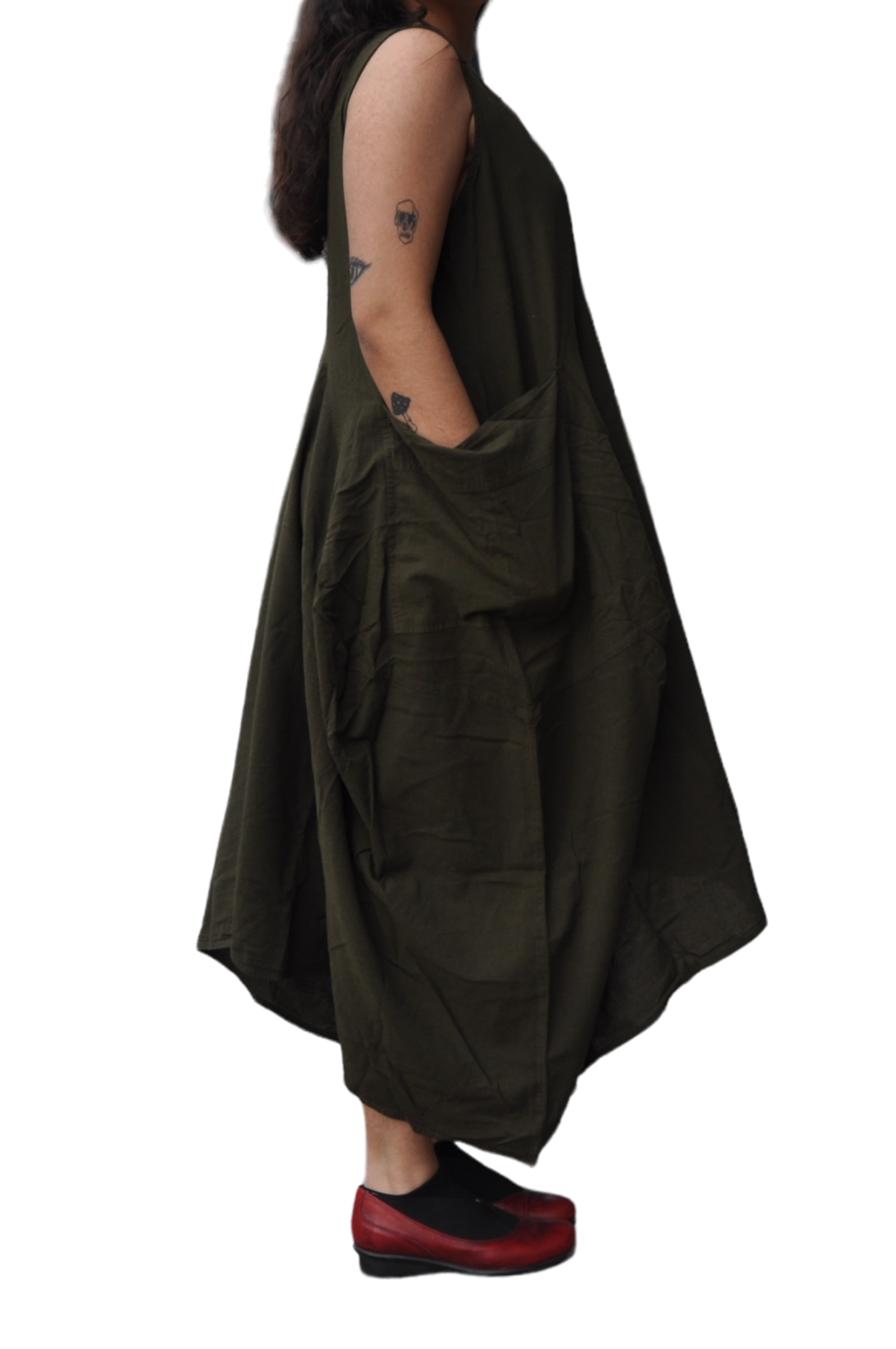 Olive Cotton Parachute Dress with Pockets