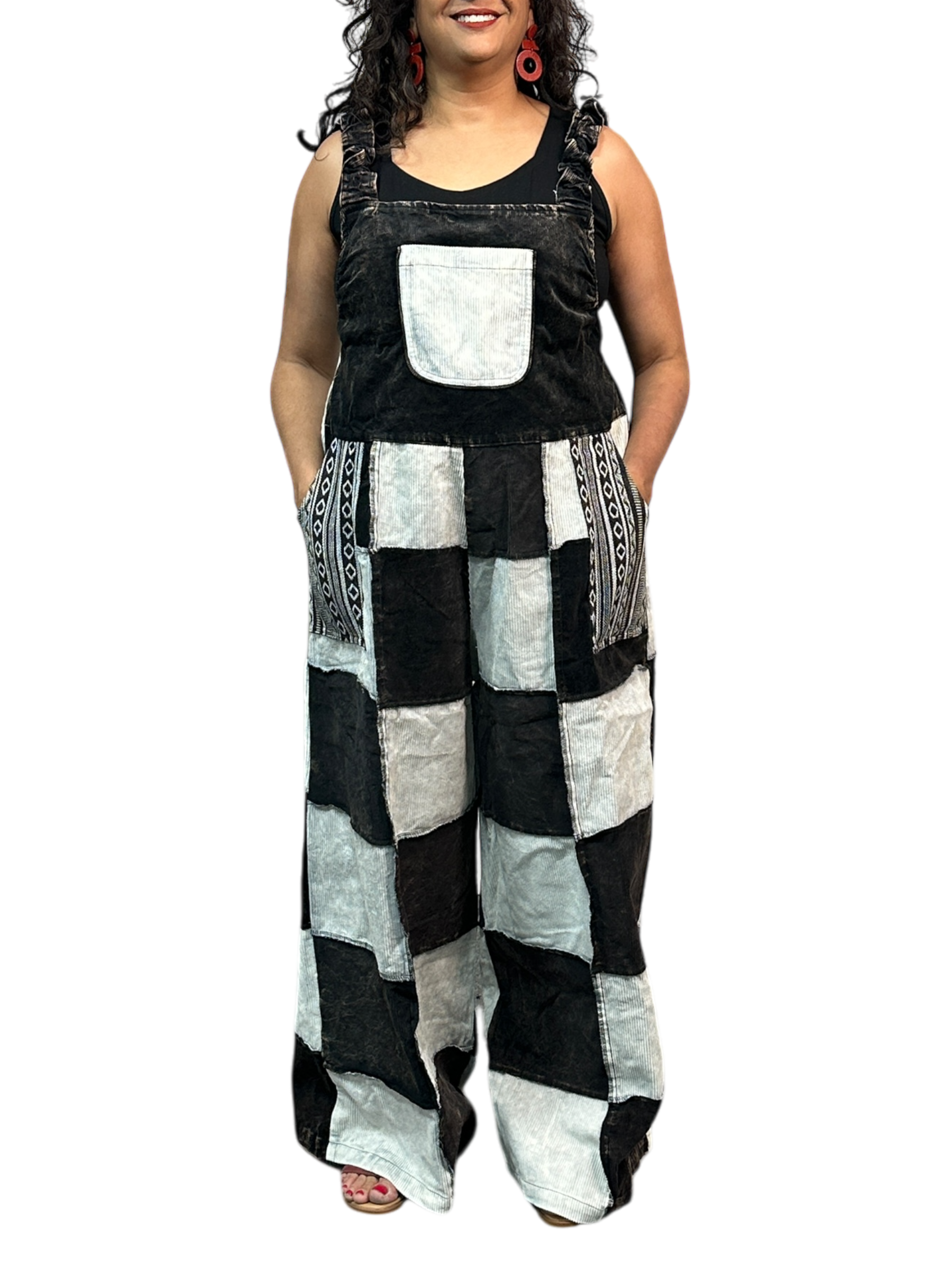 Black and White Corduroy Patchwork Overalls