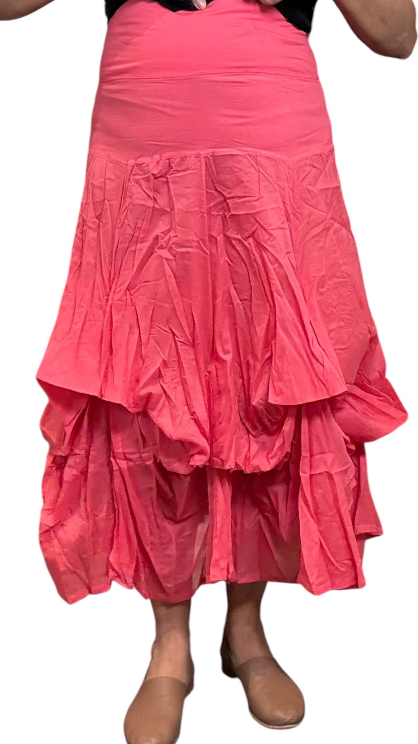 Coral Gathered Bubble Cotton Voile Tiered Skirt