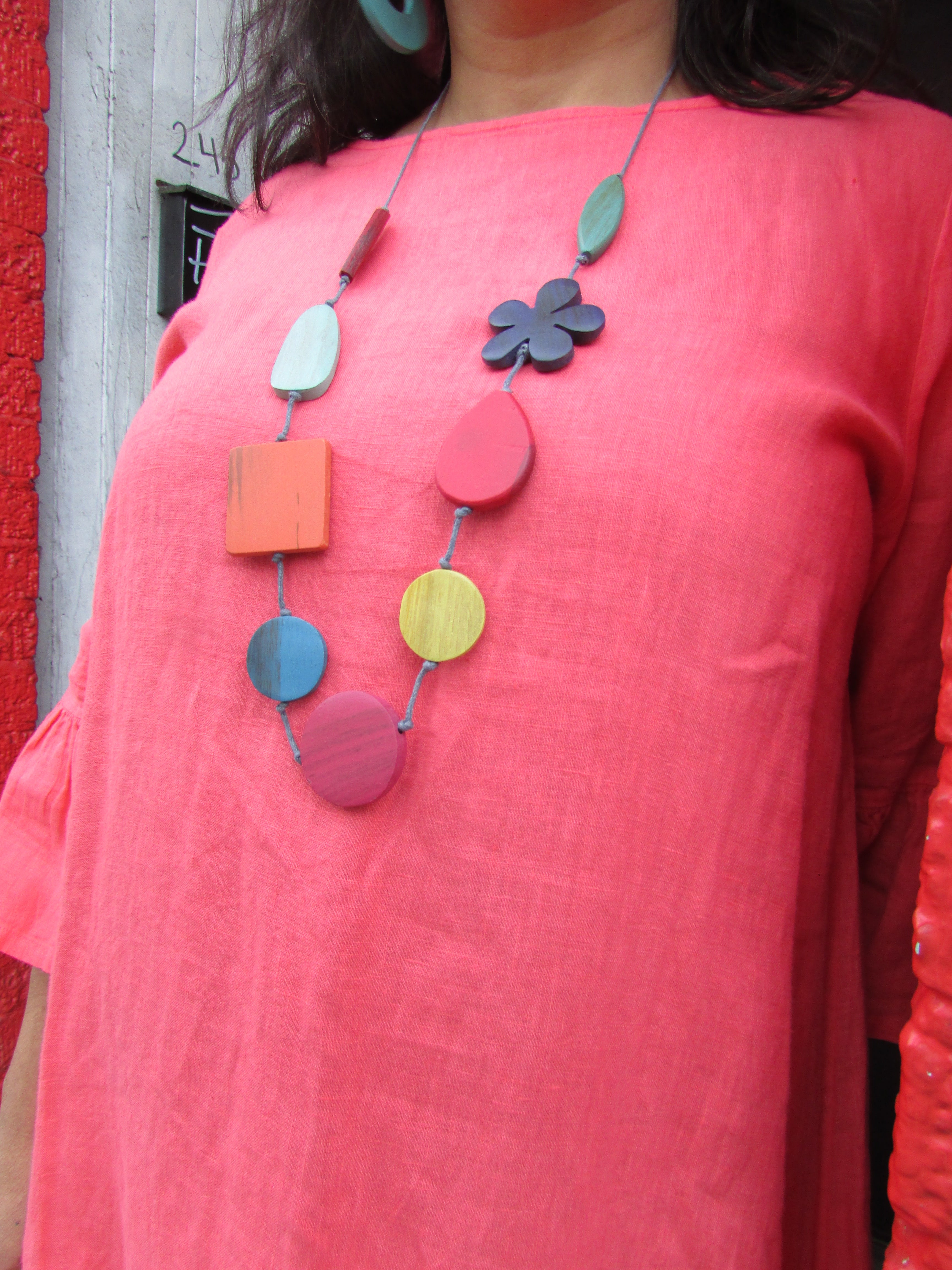 Bright Multi Tinted Wood Mix Shape & Flower Necklace