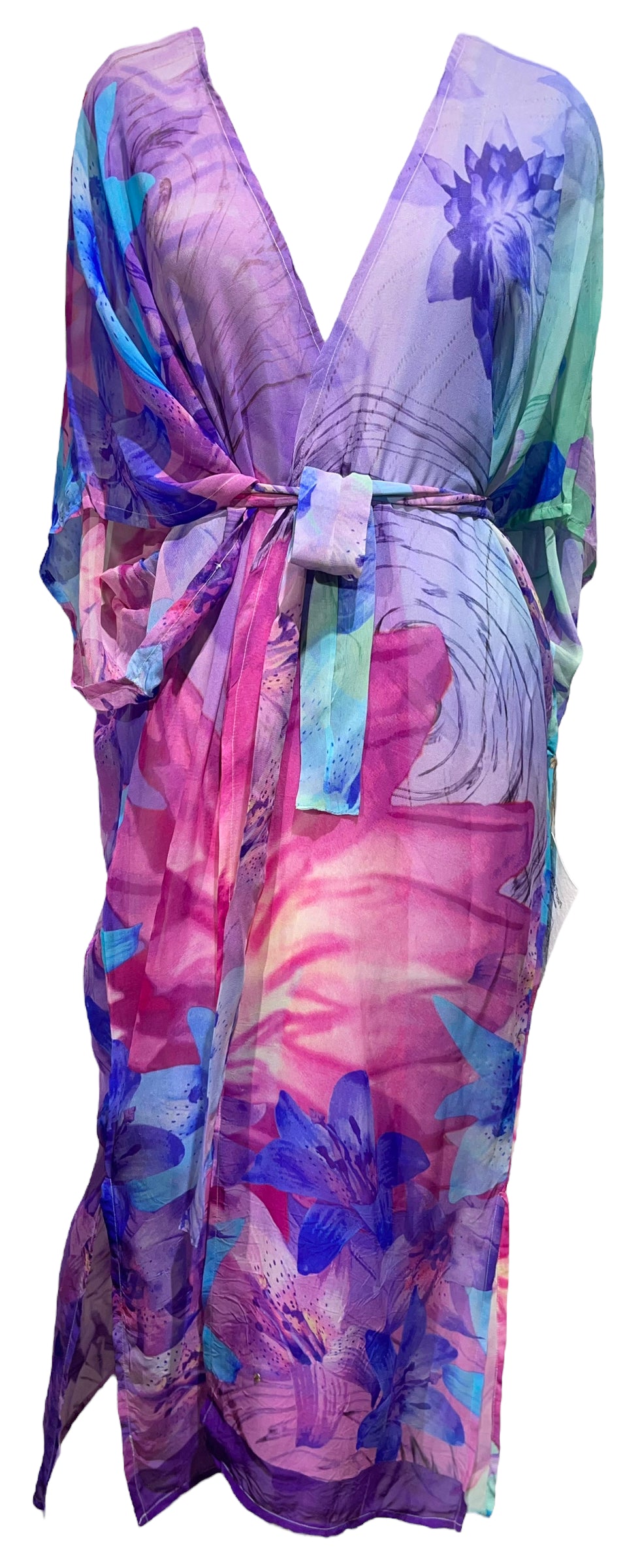 PRG3556 Sheer Avatar Long Pure Silk Kimono Sleeved Duster with Belt