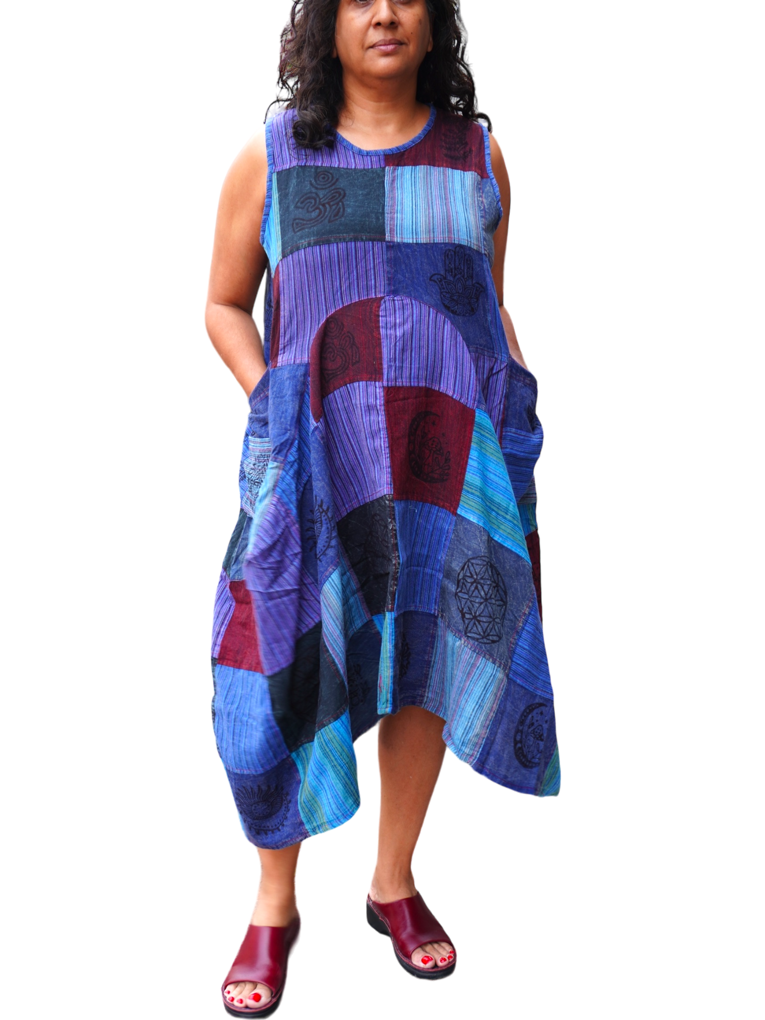 Blue Patchwork Cotton Parachute Dress with Pockets