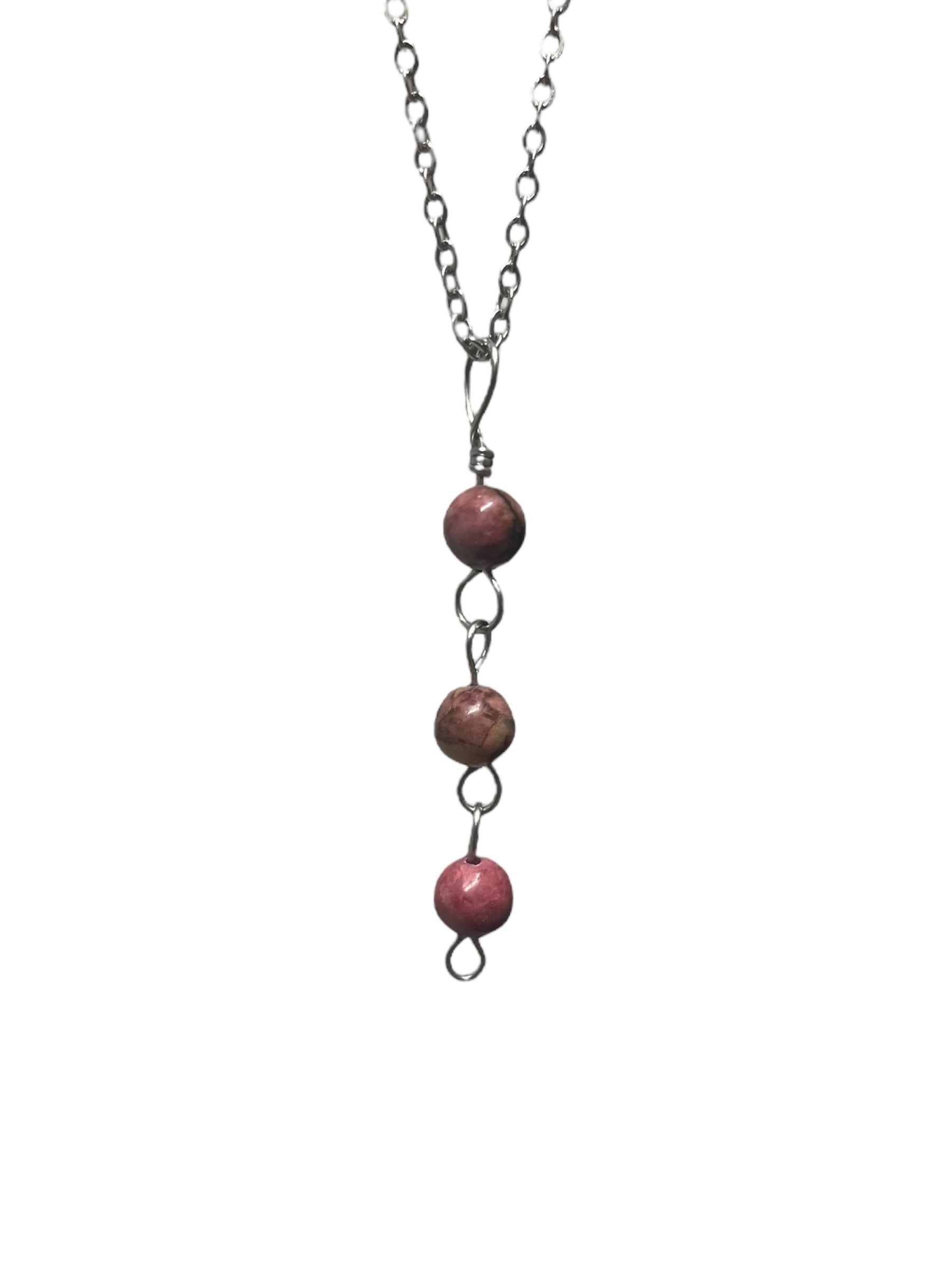 Rhodonite Crystal 3 Tier Charm Necklace - silver