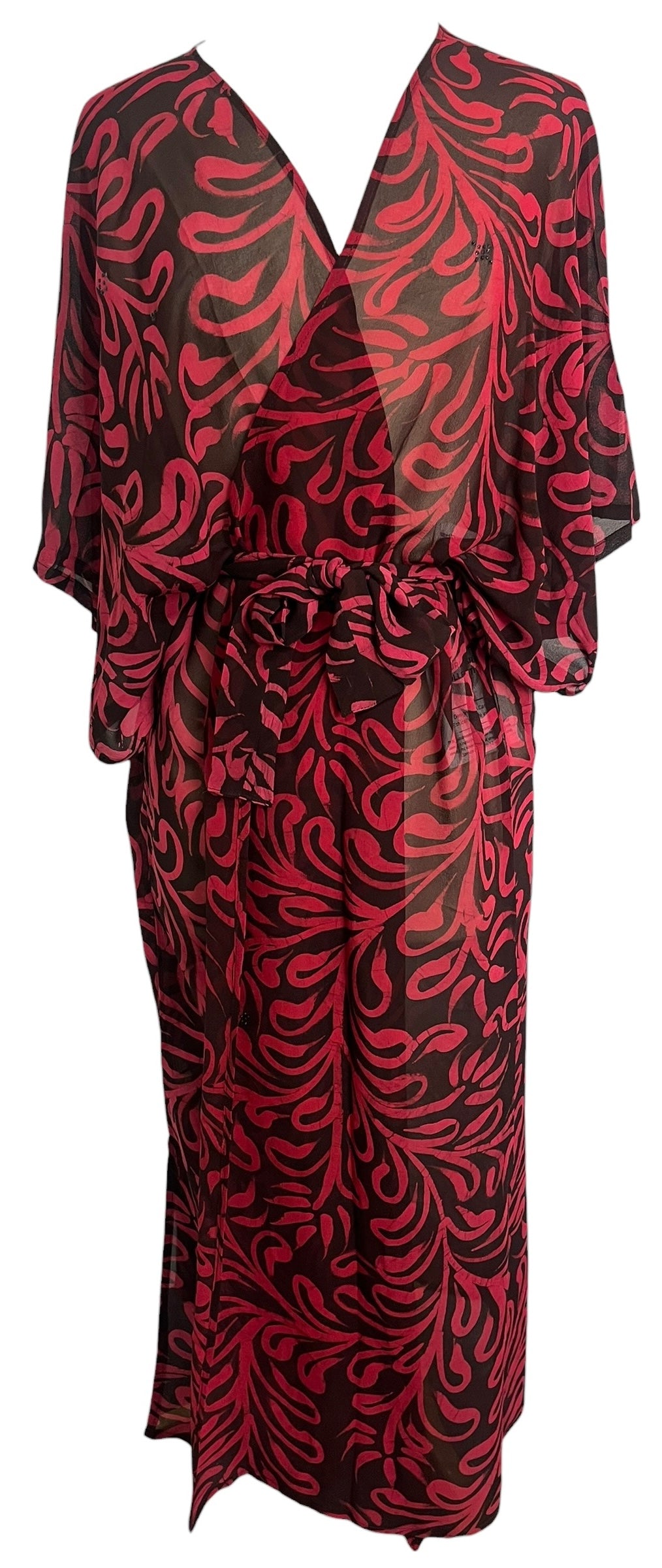 PRG8869 Sheer Avatar Long Pure Silk Kimono Sleeved Duster with Belt