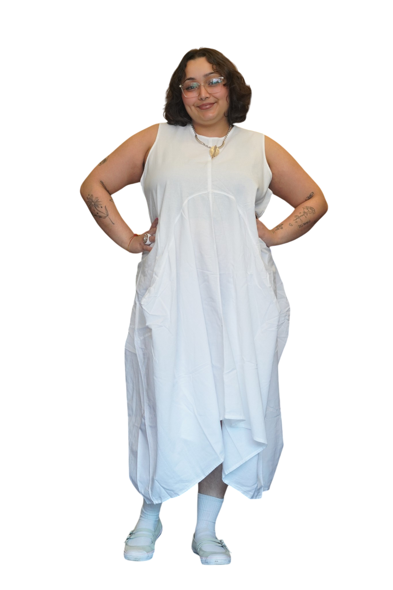 White Cotton Parachute Dress with Pockets