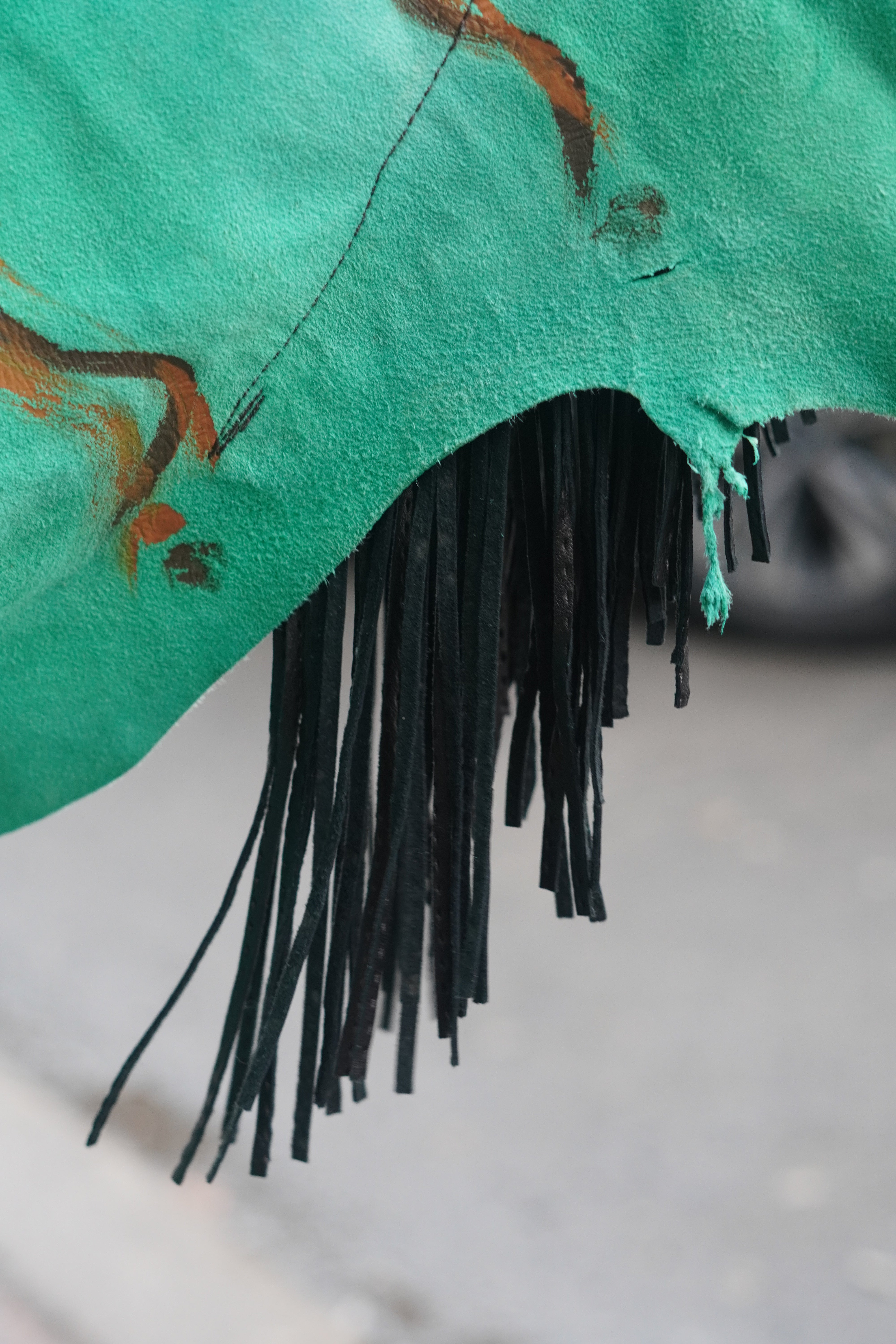 Hand-painted Lightweight Green Leather Fringed Cape by Pepin Designs