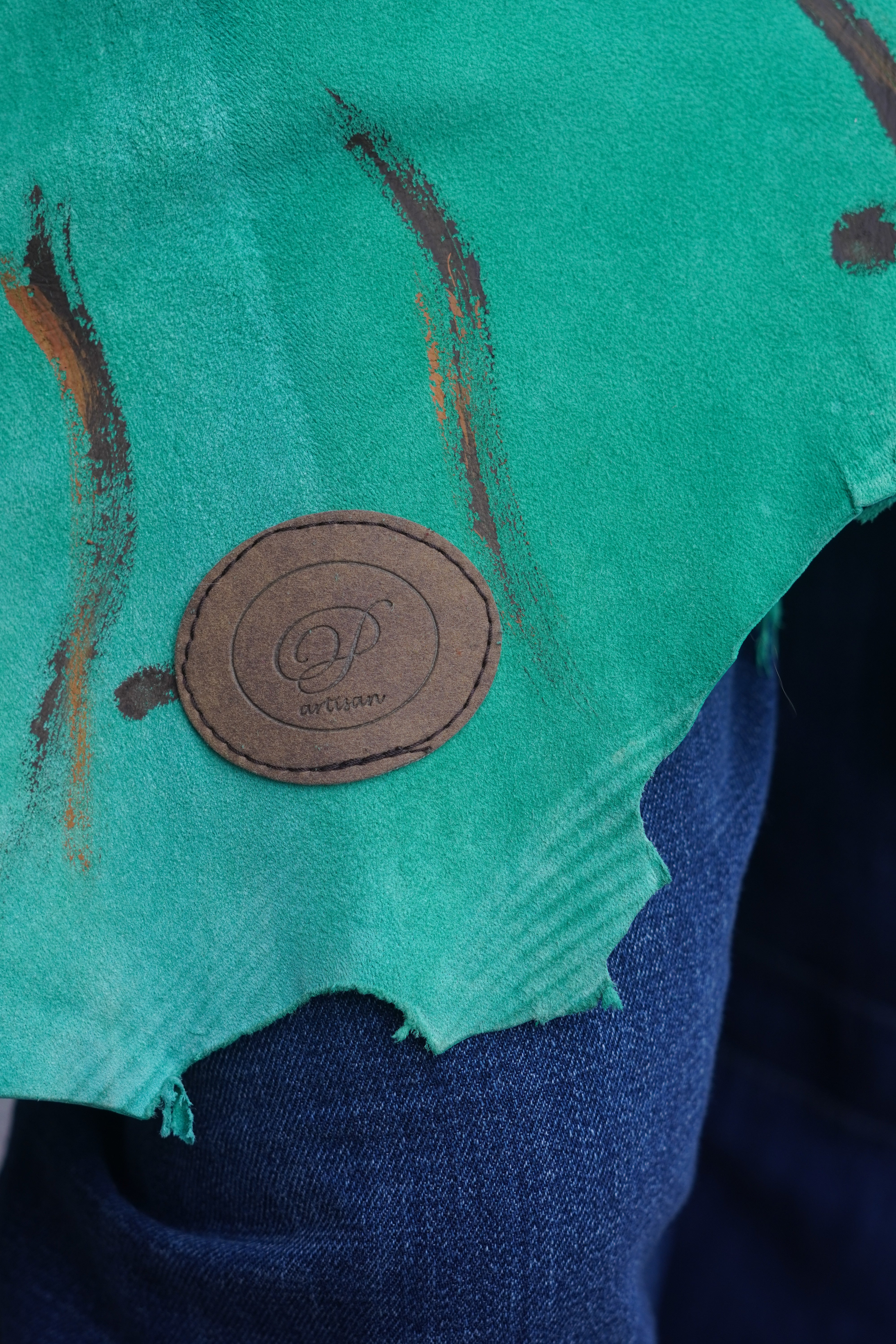 Hand-painted Lightweight Green Leather Fringed Cape by Pepin Designs