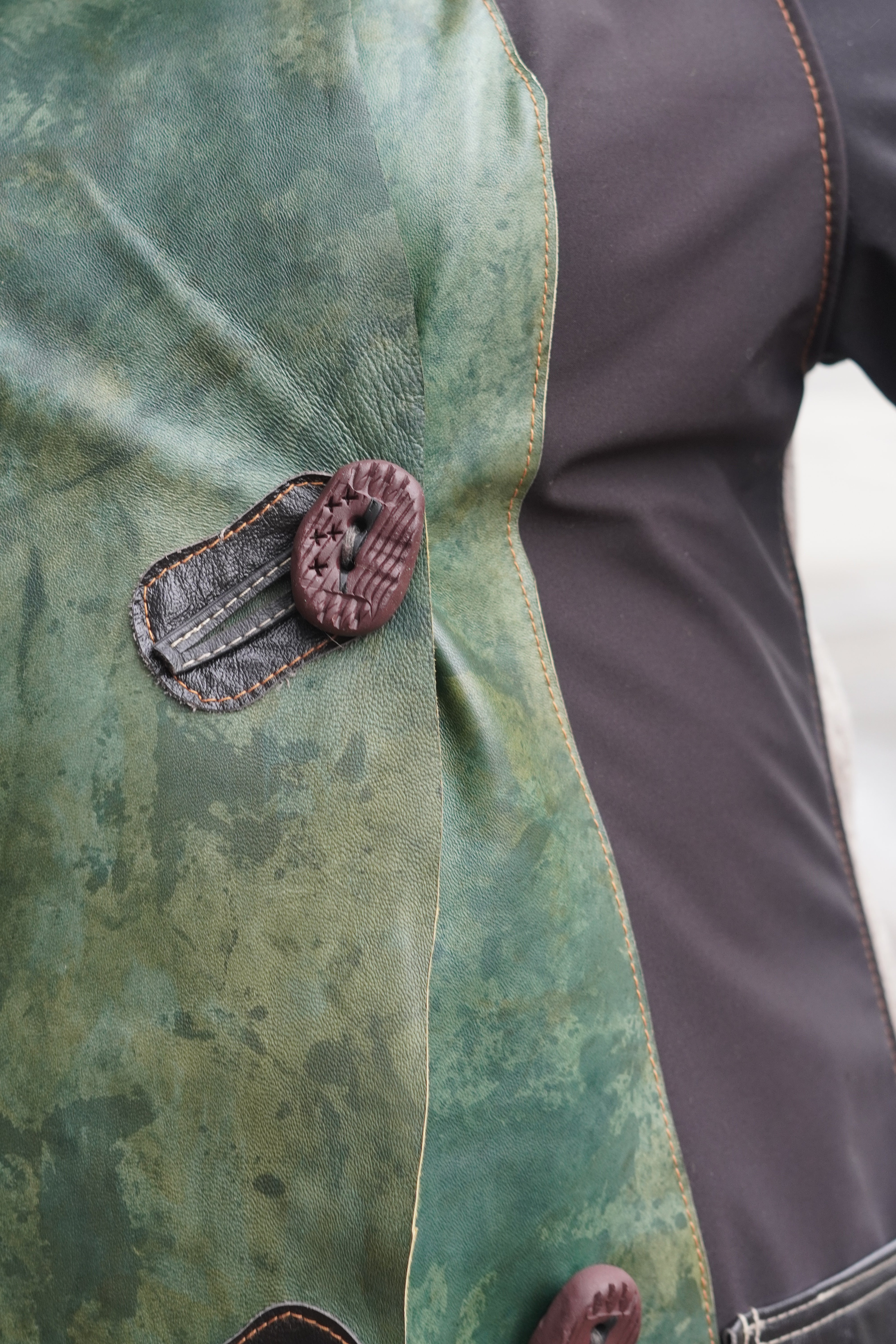 Three Quarter Length Lightweight acket with Green Leather on Grey and Beige by Pepin Designs