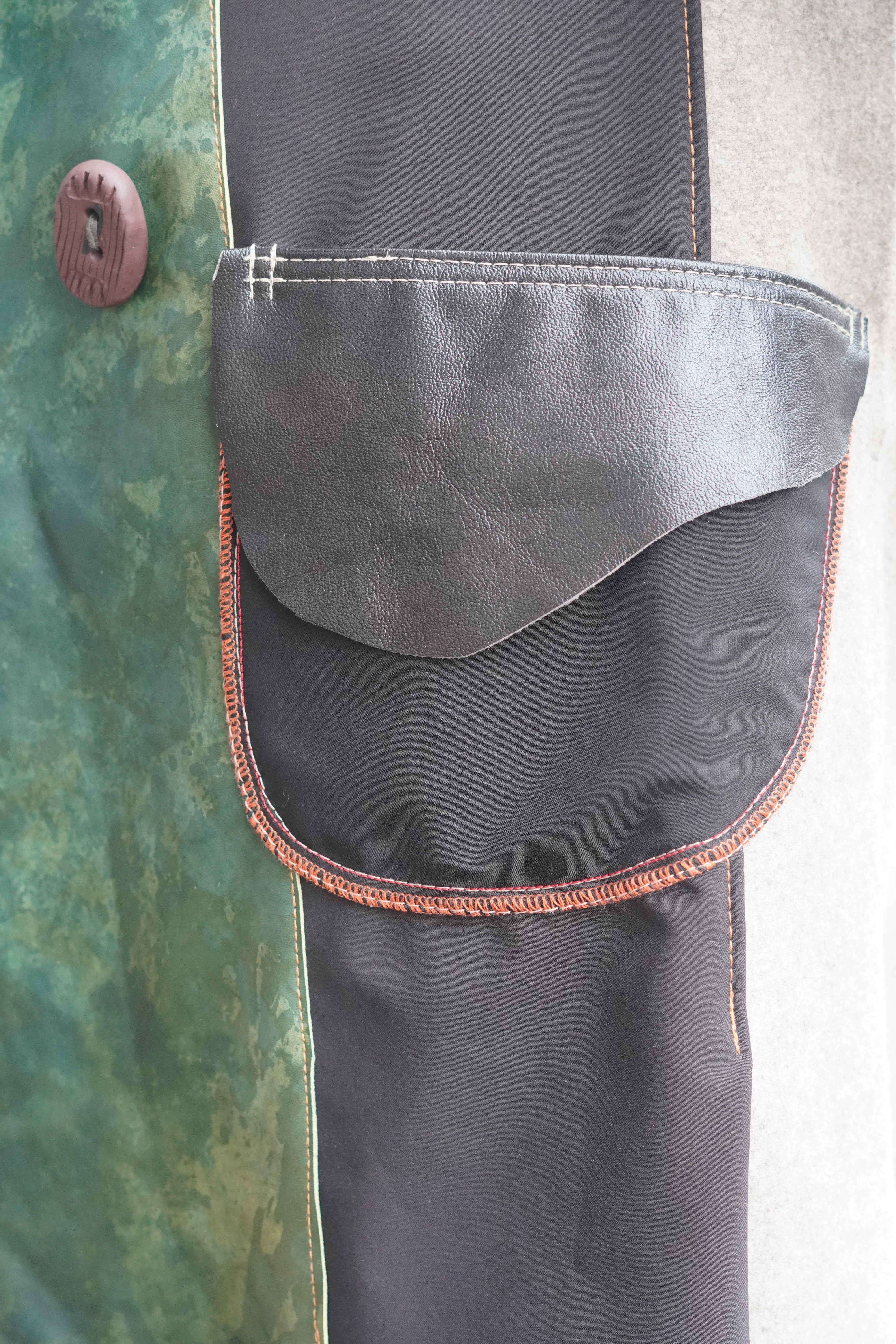 Three Quarter Length Lightweight acket with Green Leather on Grey and Beige by Pepin Designs