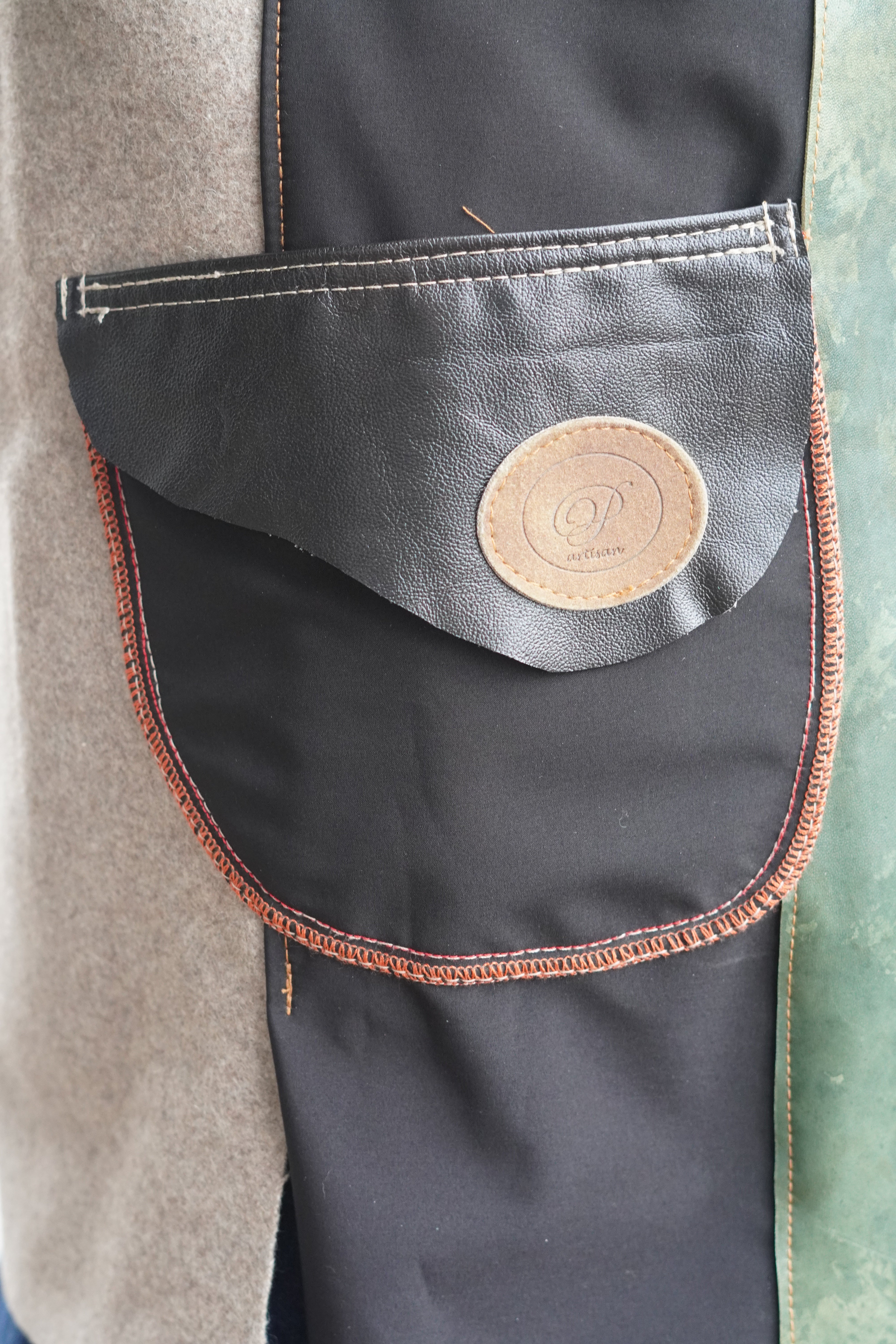 Three Quarter Length Lightweight acket with Green Leather on Grey and Beige by Pepin Designs