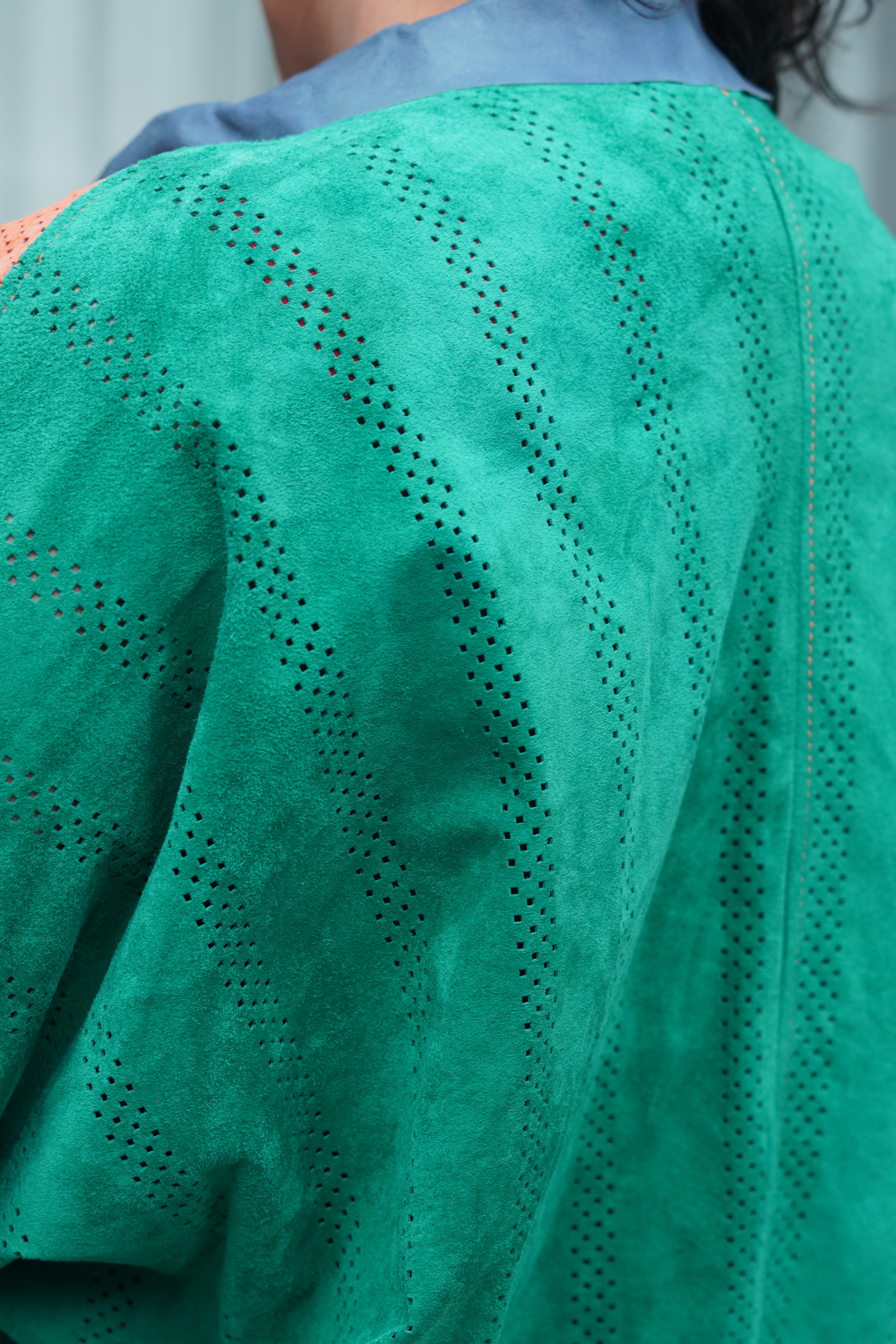 Orange and Green Perforated Suede Leather Jacket by Pepin Designs #16