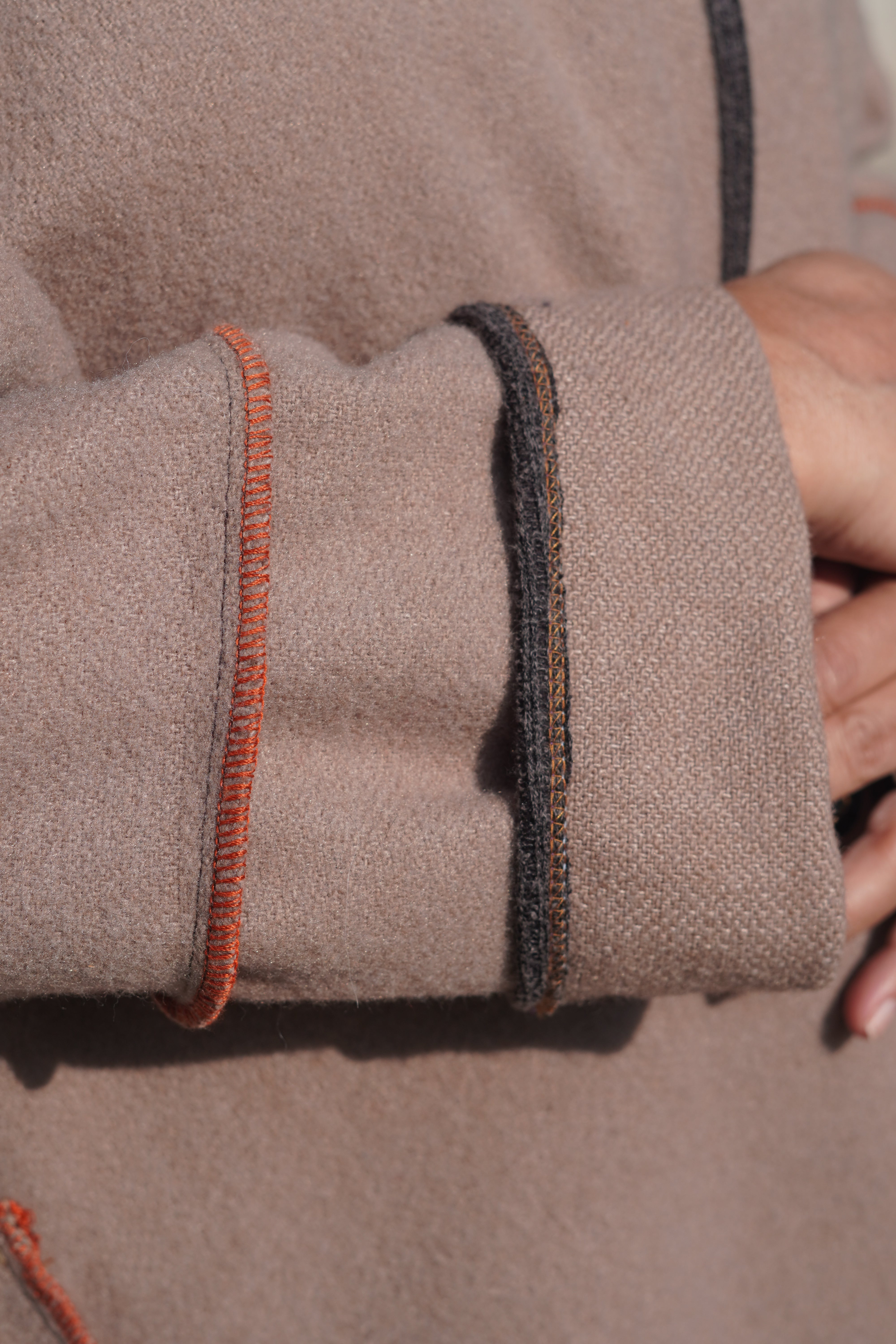 Taupe Textured Wool Coat with Orange Trim by Pepin Designs #25