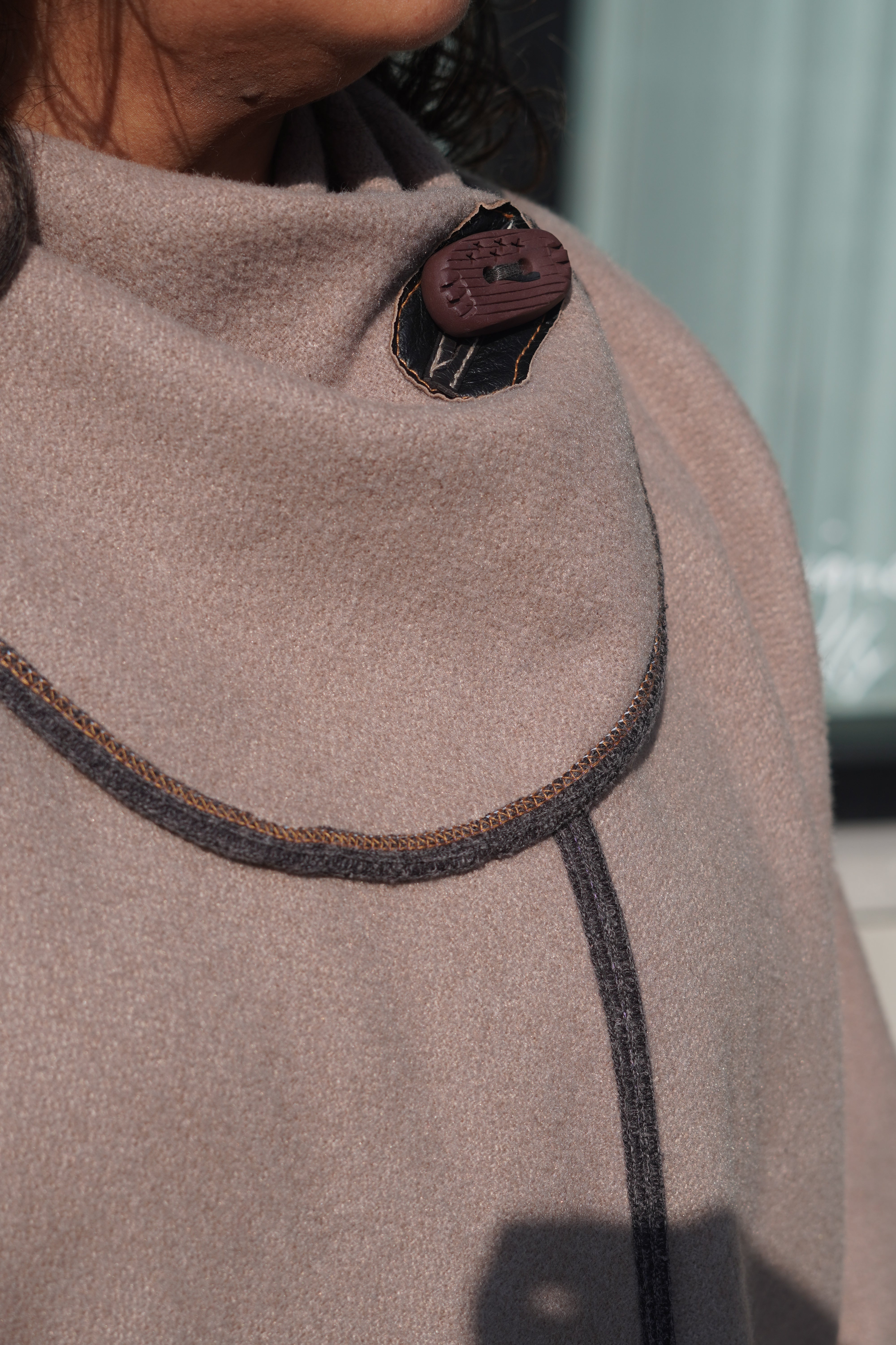 Taupe Textured Wool Coat with Orange Trim by Pepin Designs #25