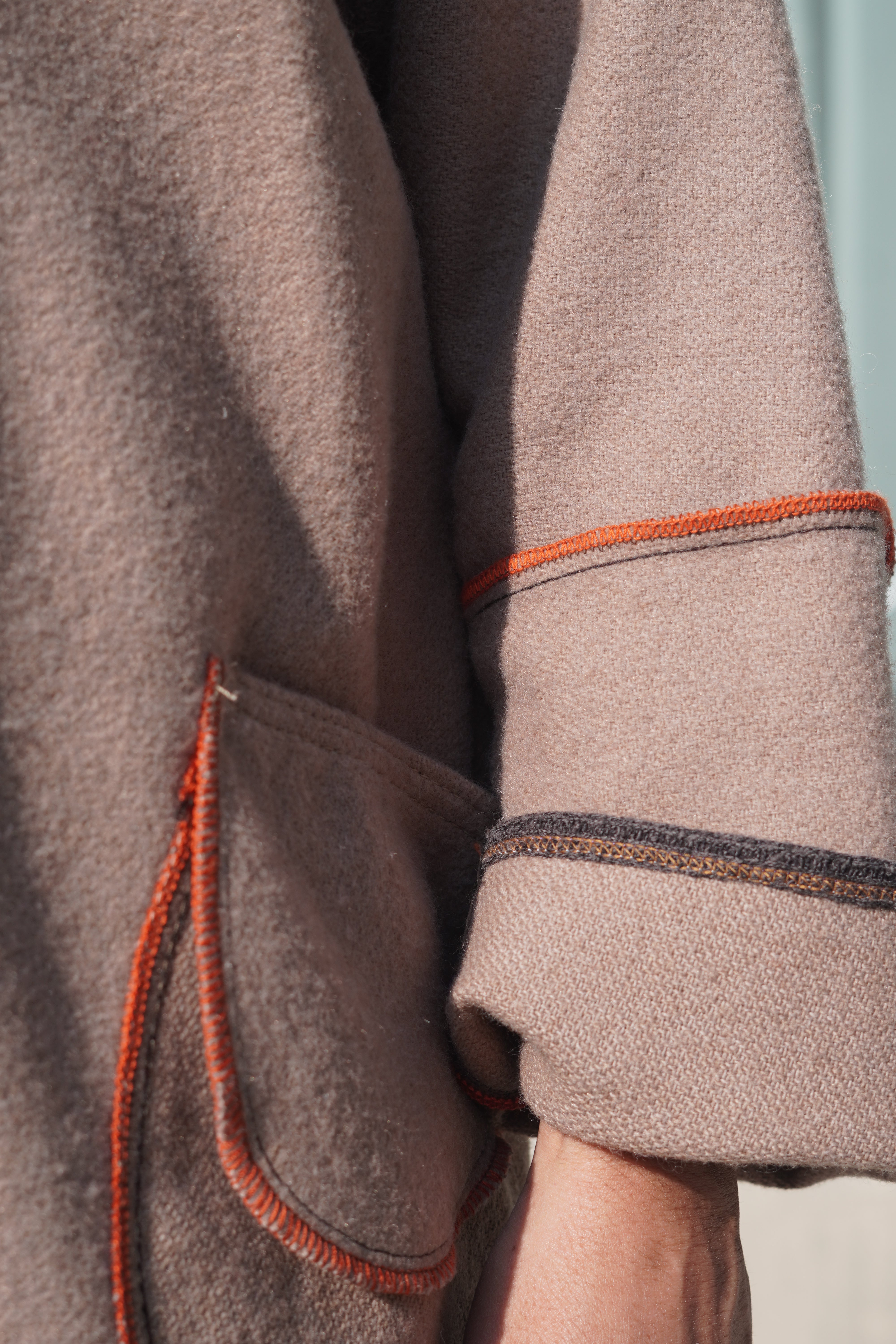 Taupe Textured Wool Coat with Orange Trim by Pepin Designs #25