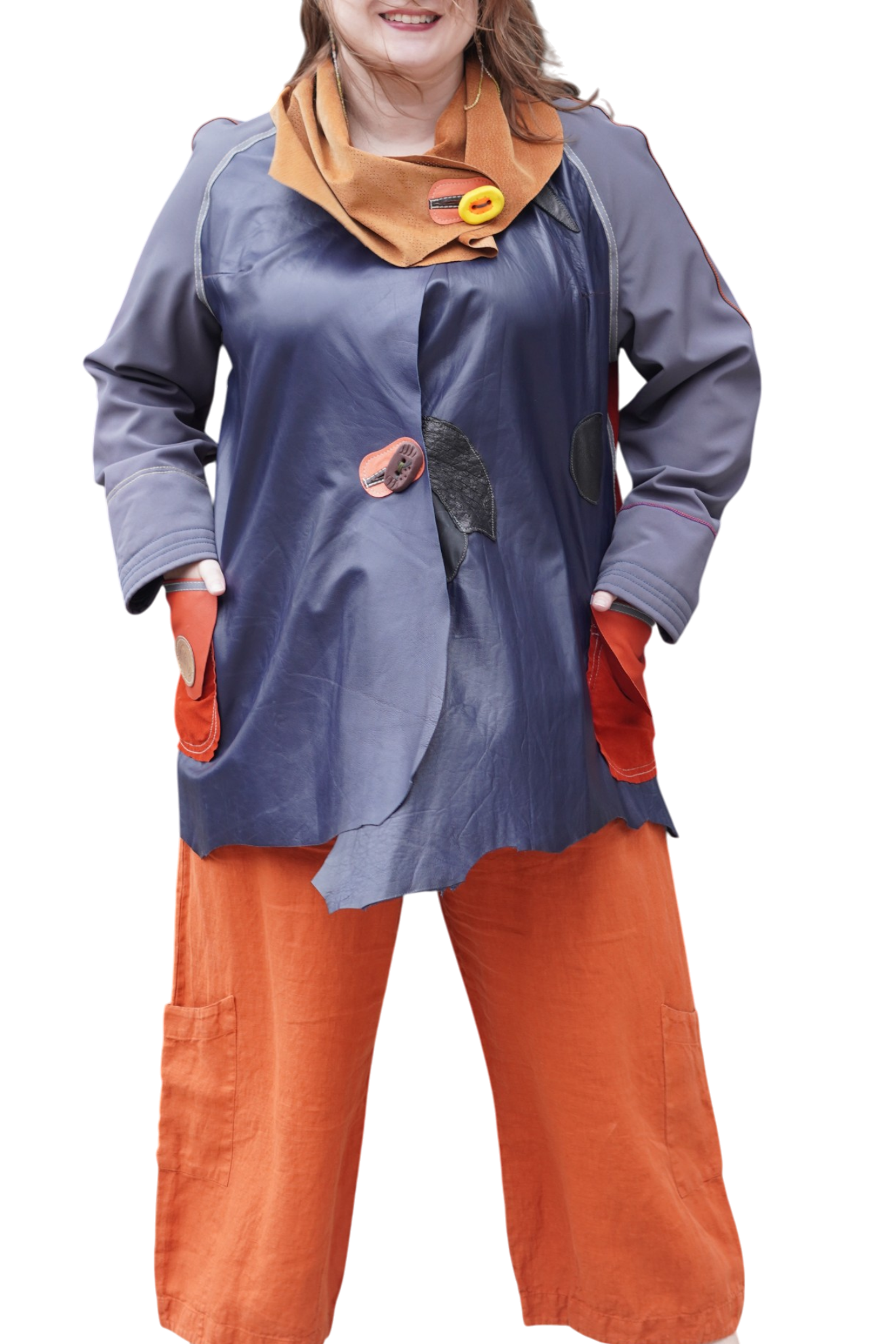 Orange Suede and Navy Lambskin 3/4 Coat by Pepin Designs #30