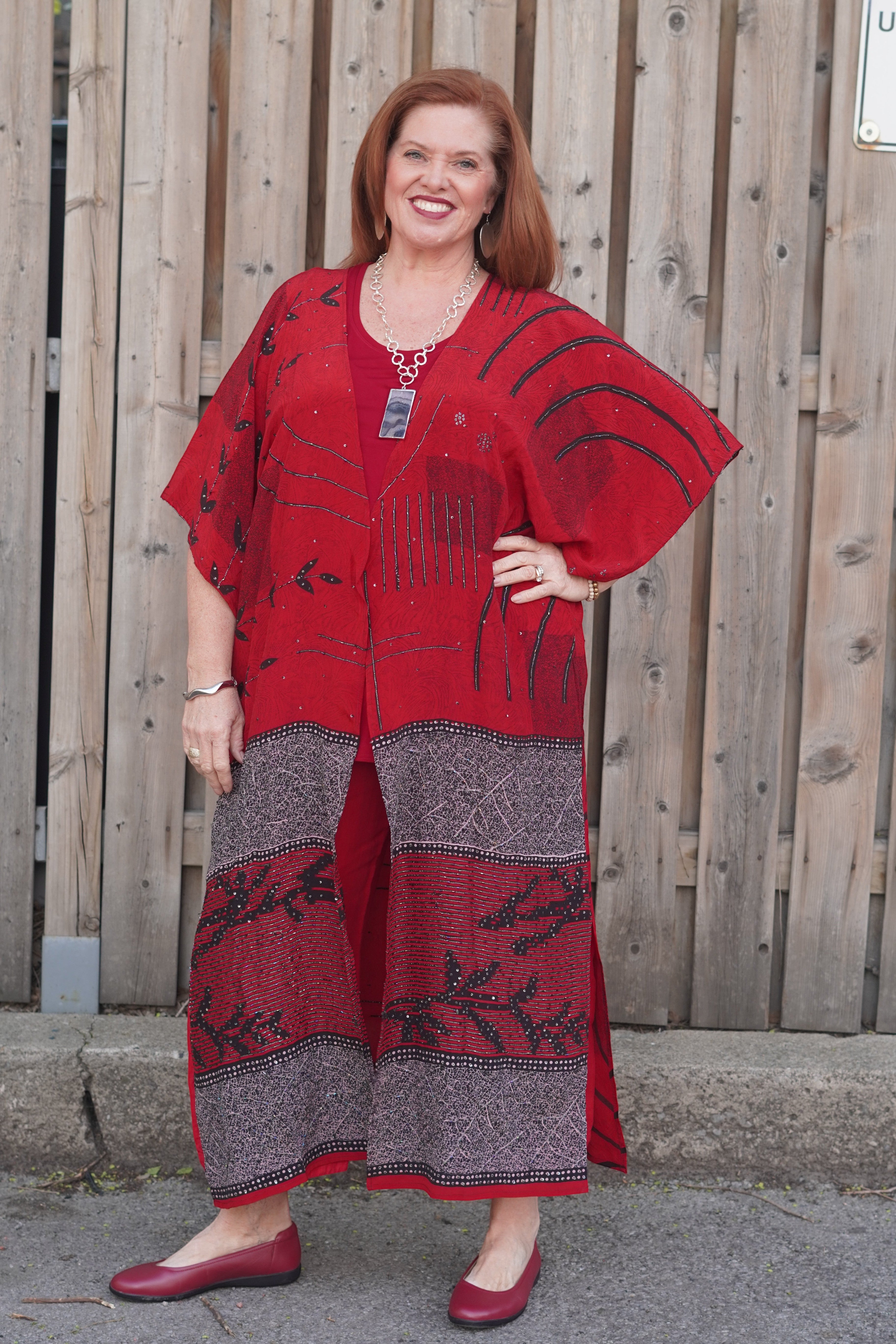 PRC9063 Avatar Long Pure Silk Kimono Sleeved Duster with Belt