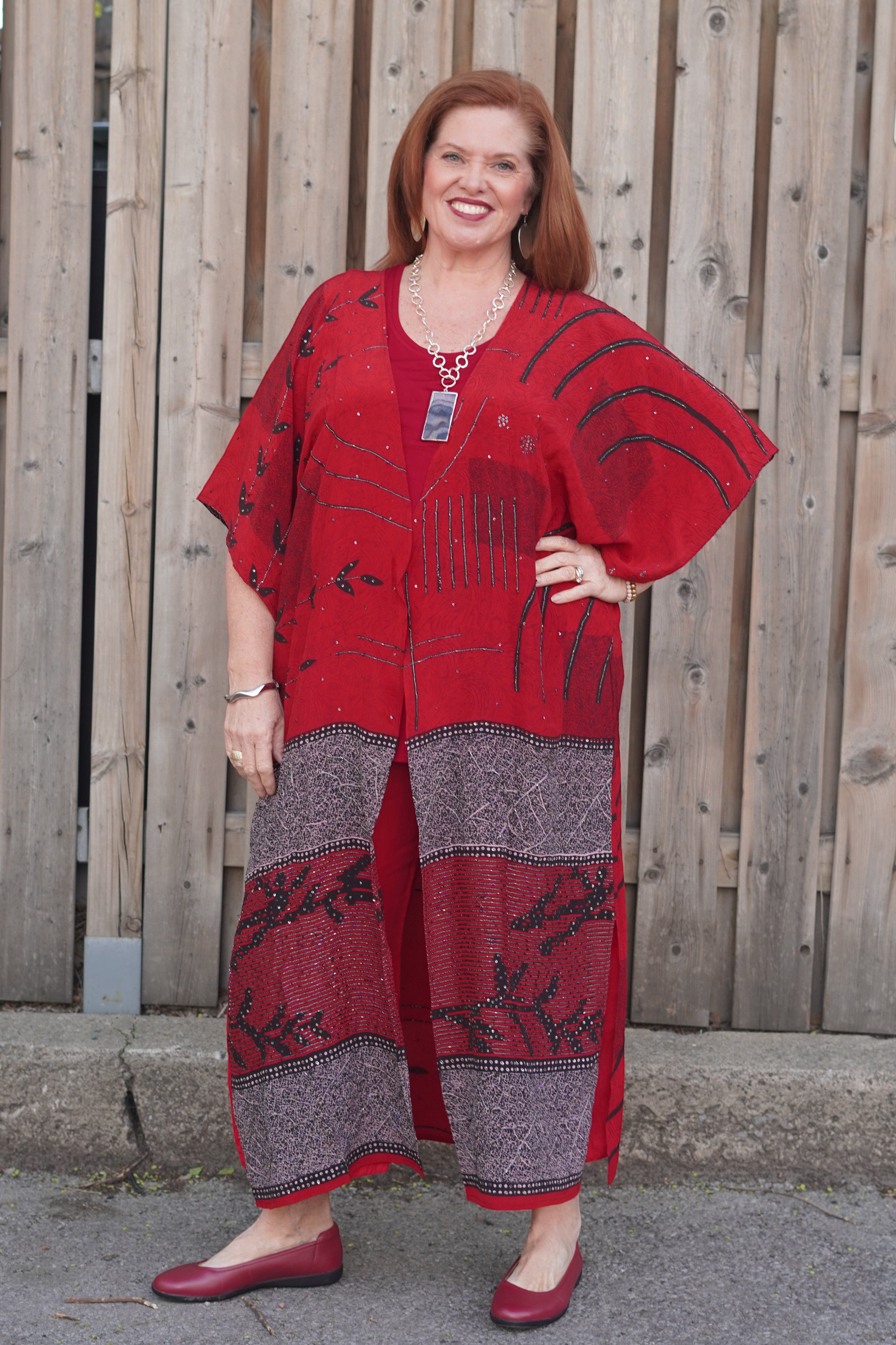 PRC9063 Avatar Long Pure Silk Kimono Sleeved Duster with Belt