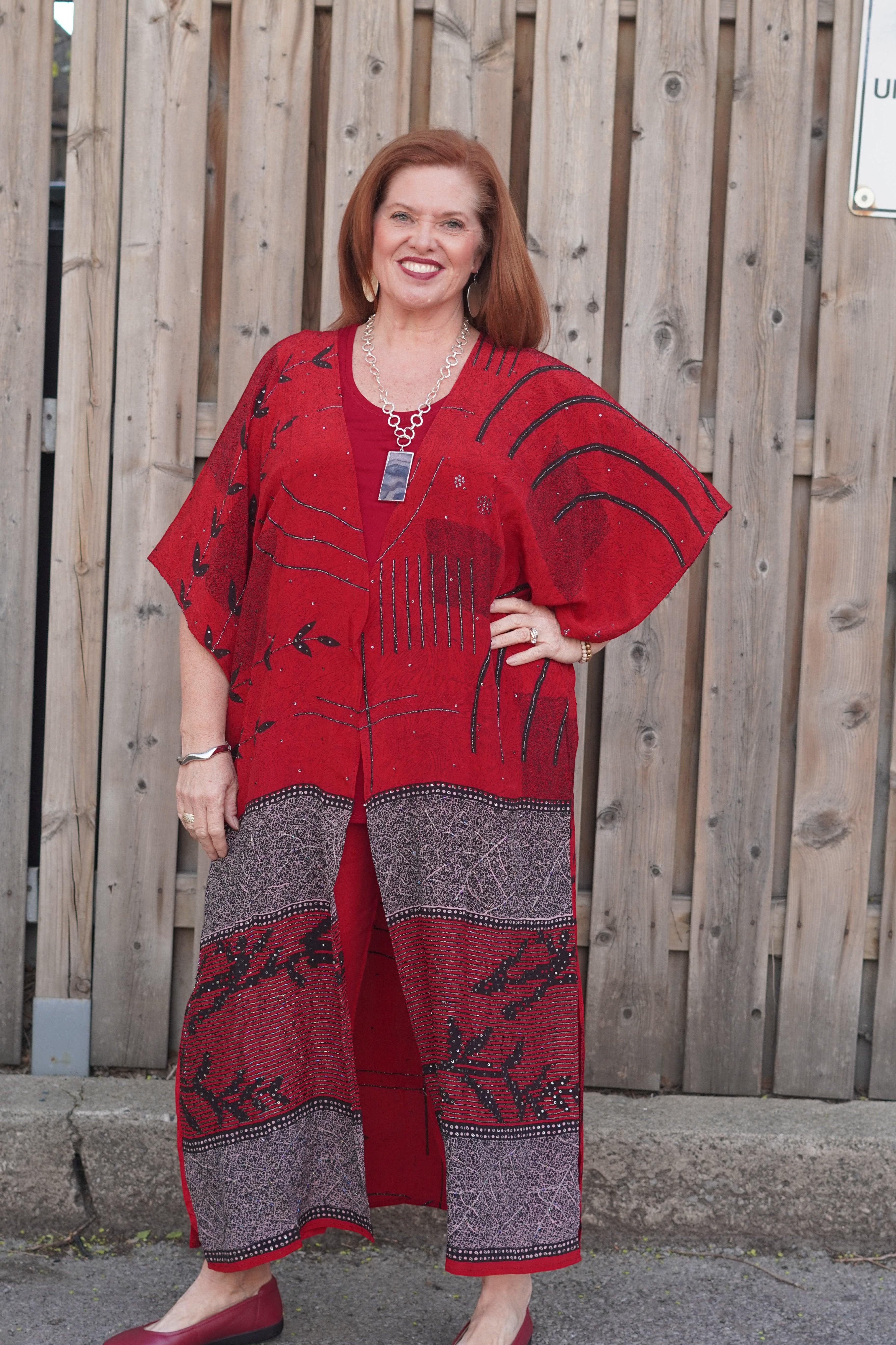 PRC9063 Avatar Long Pure Silk Kimono Sleeved Duster with Belt