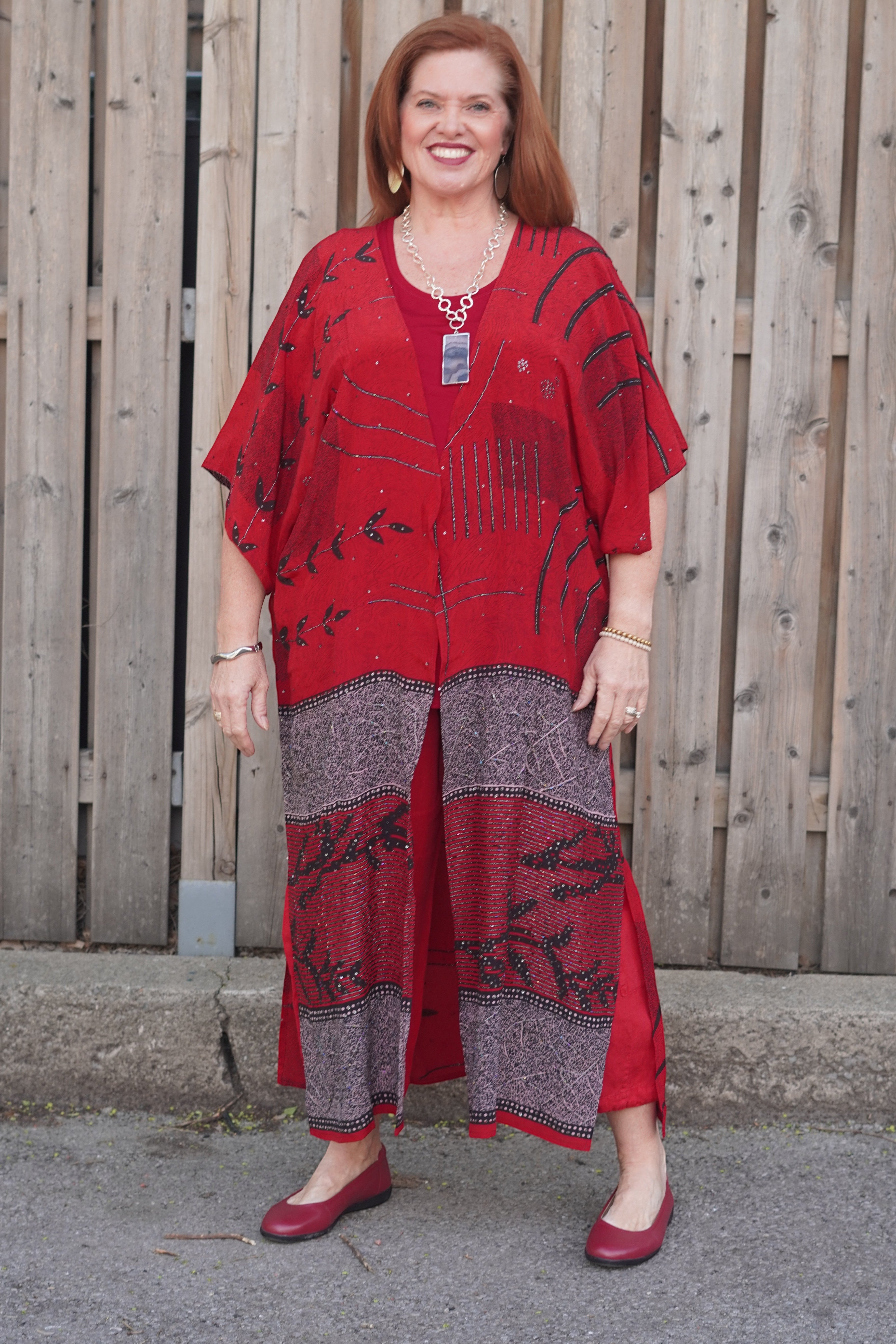PRC9063 Avatar Long Pure Silk Kimono Sleeved Duster with Belt