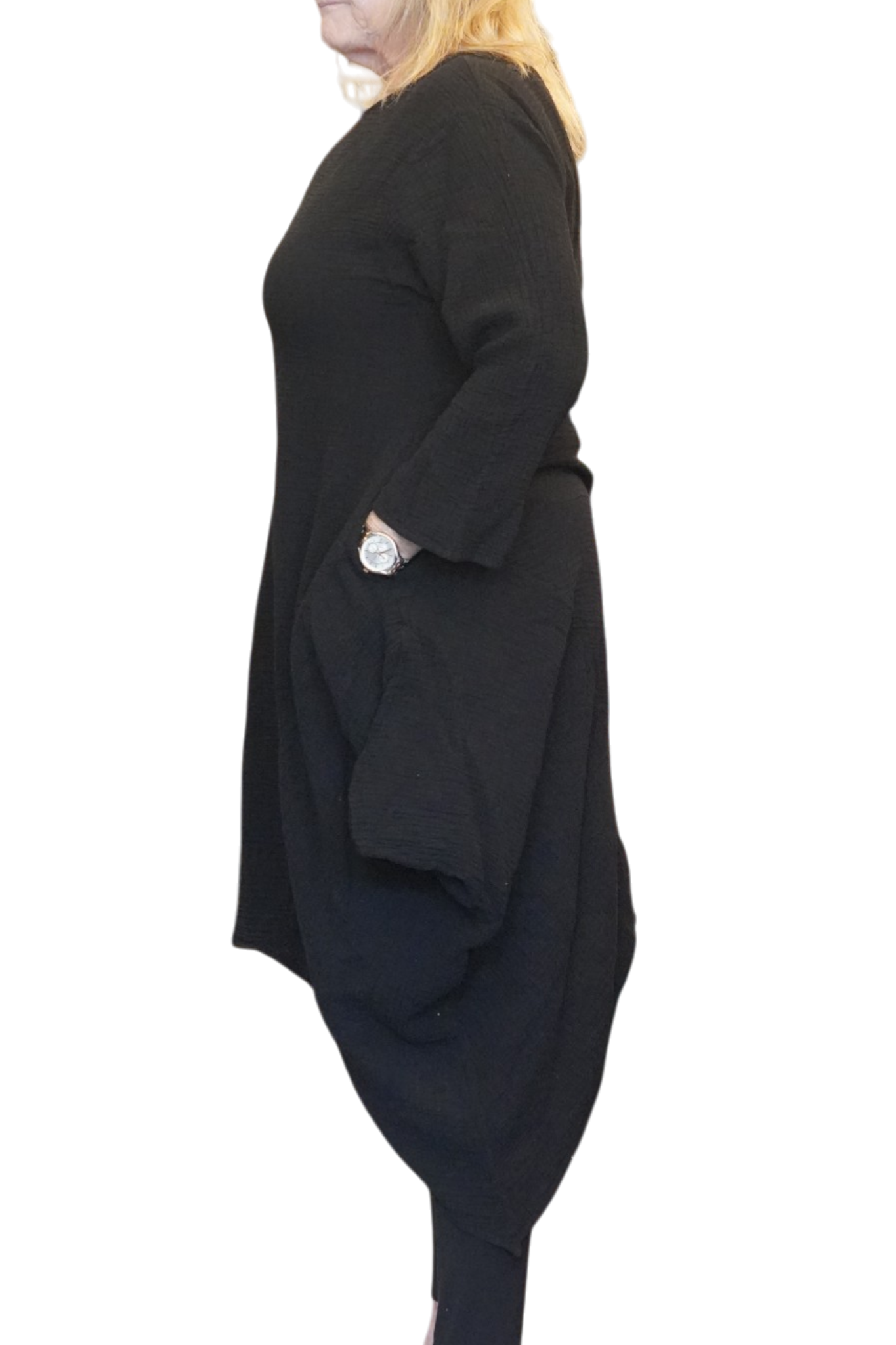 Black Waffle Cotton Asymmetrical Tunic