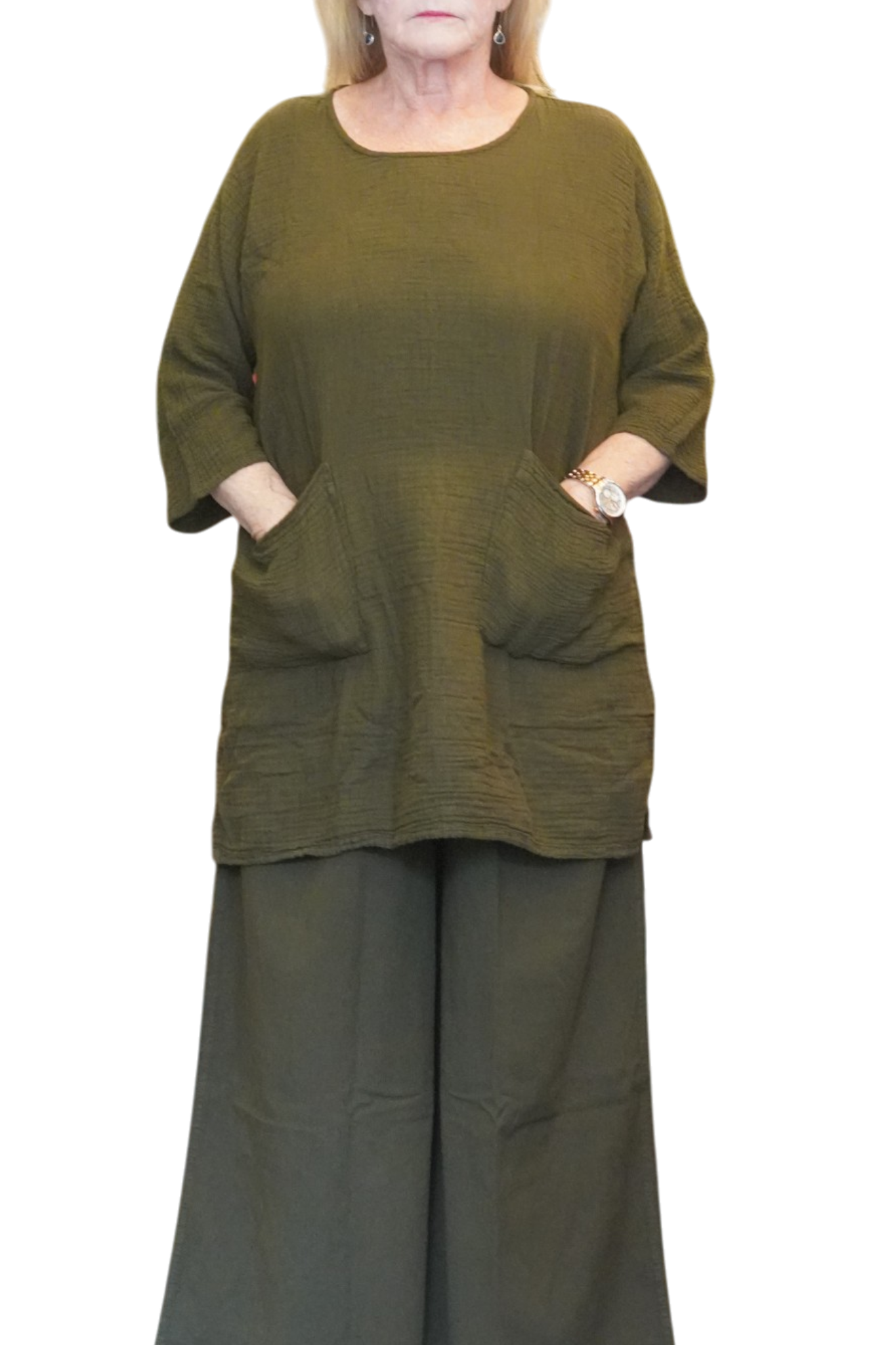 Olive Waffle Cotton Tunic with Patch Pockets