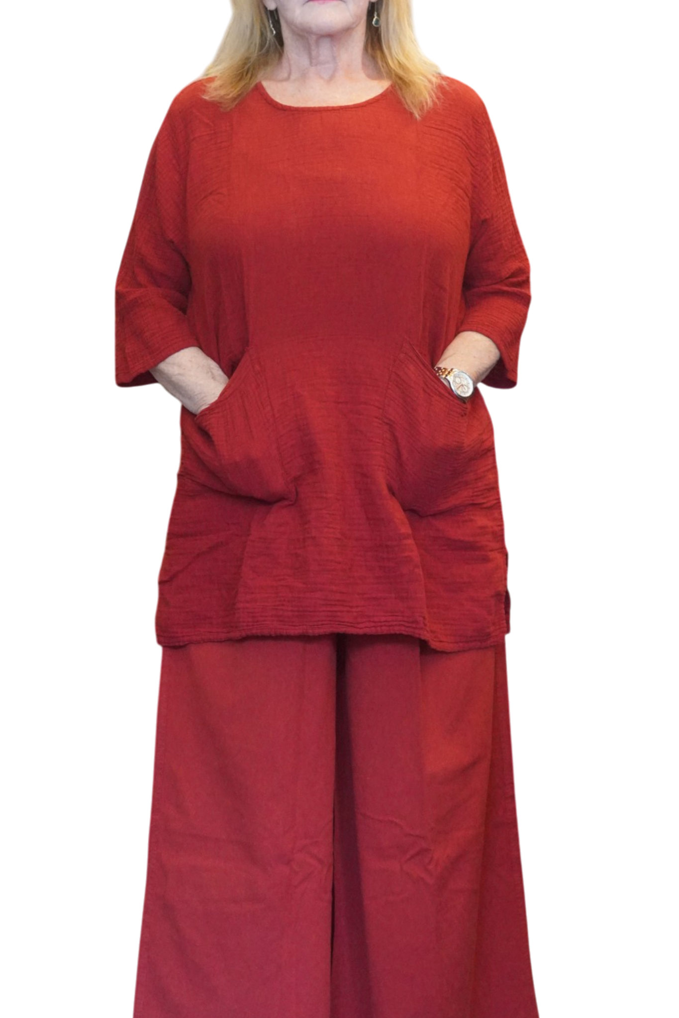 Red Waffle Cotton Tunic with Patch Pockets