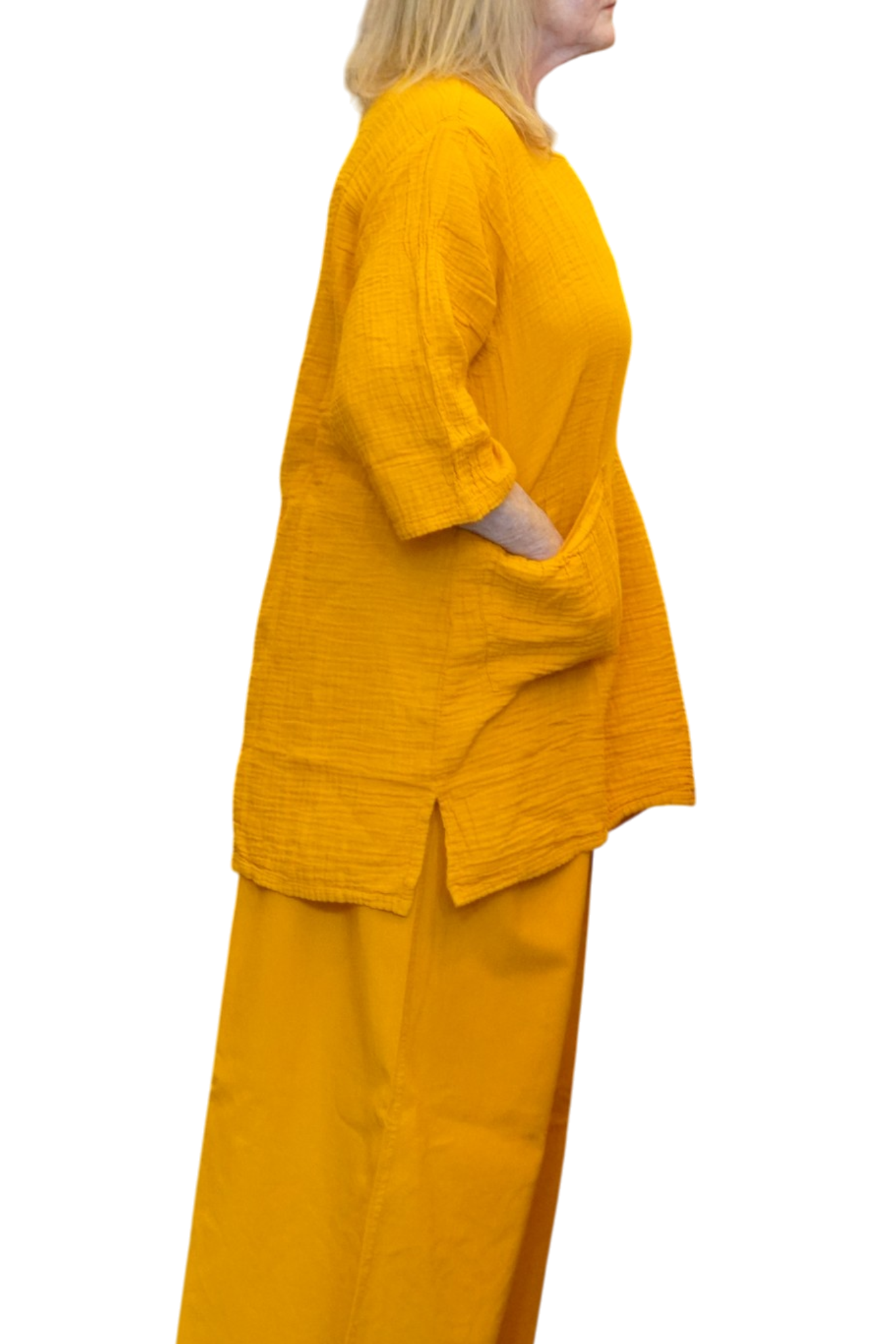 Mustard Waffle Cotton Tunic with Patch Pockets