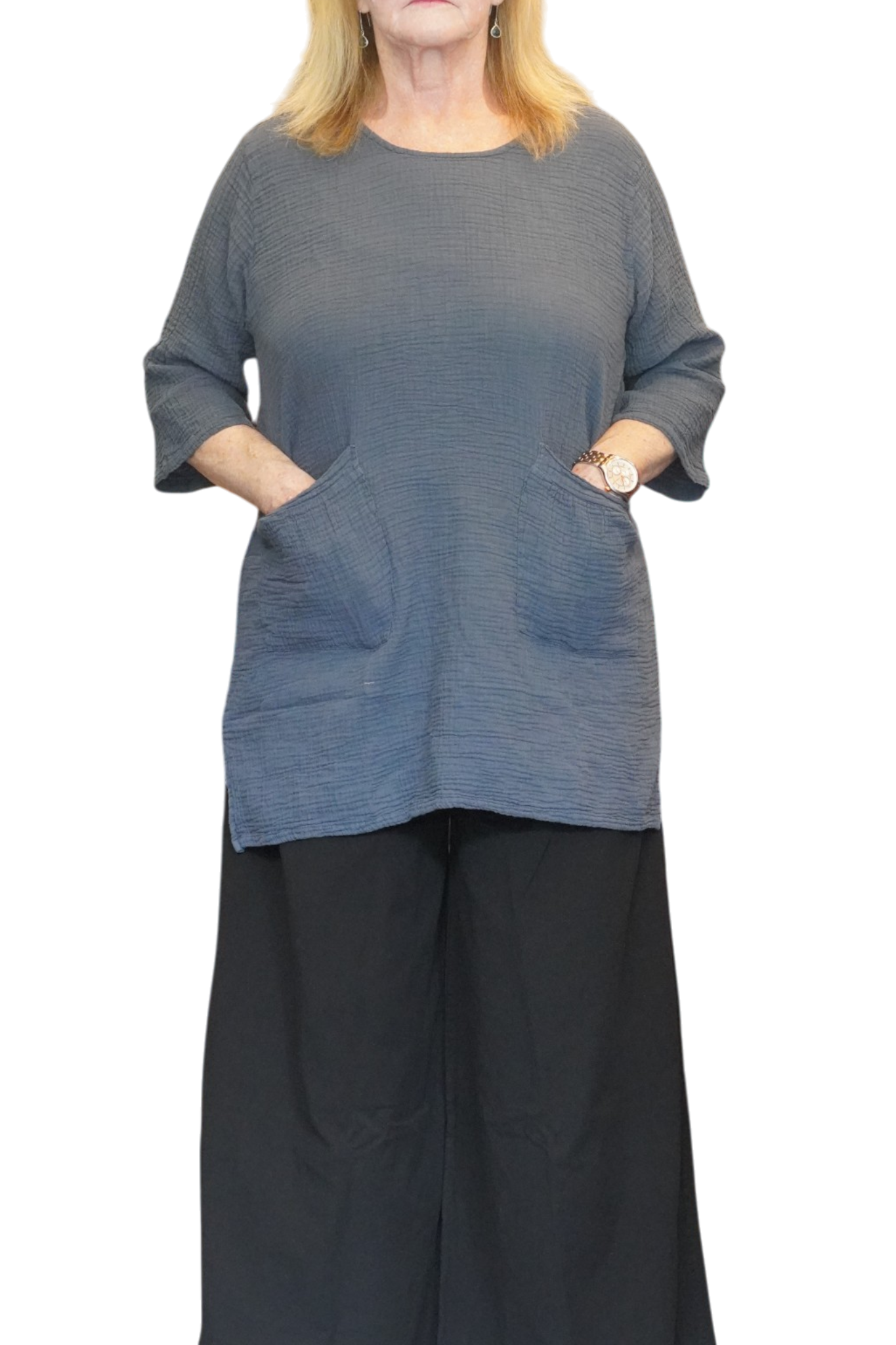 Denim Waffle Cotton Tunic with Patch Pockets