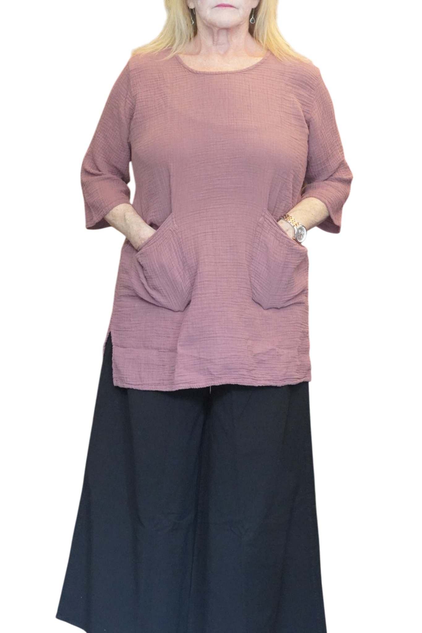 Dusty Rose Waffle Cotton Tunic with Patch Pockets