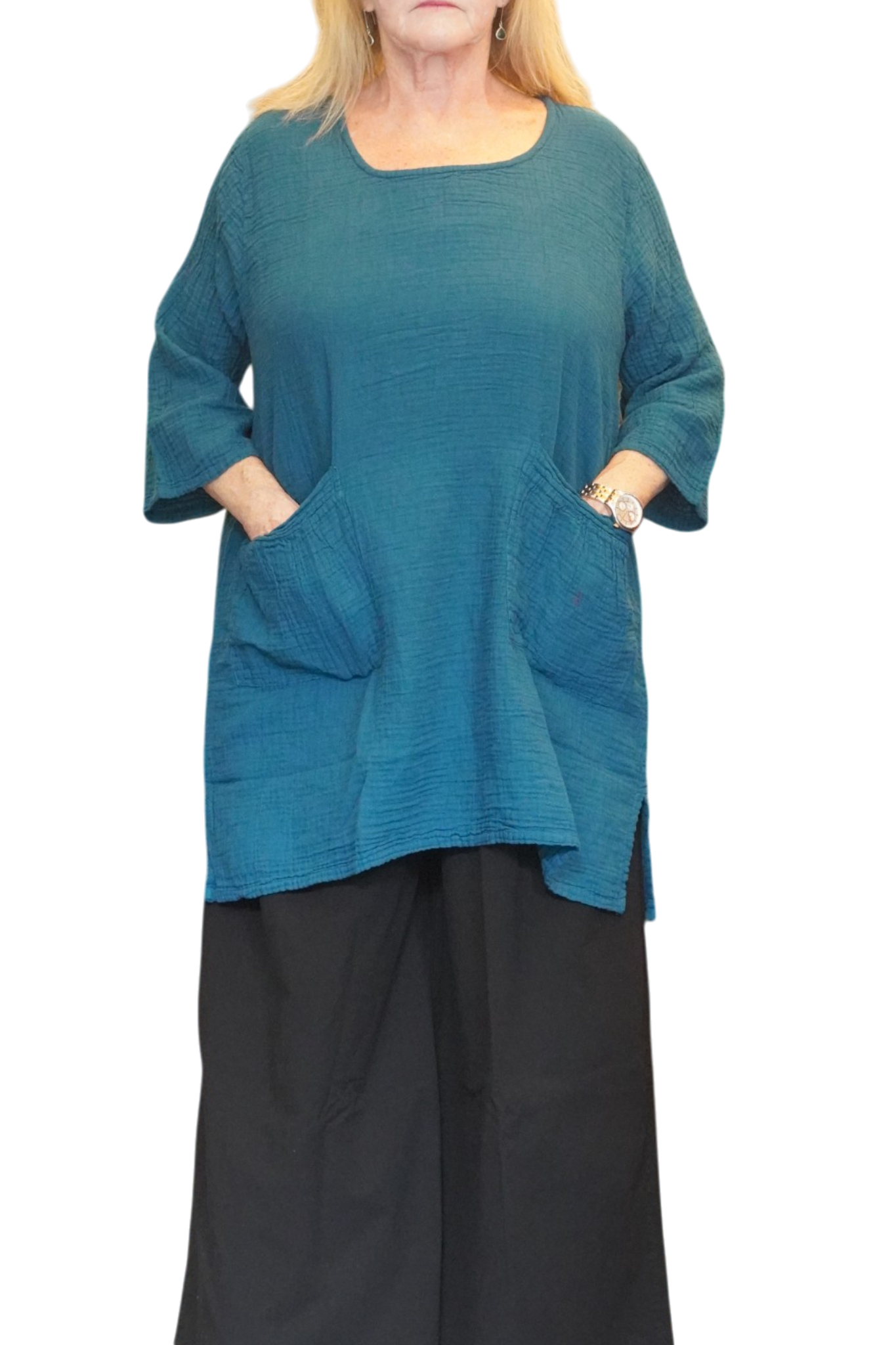 Teal Waffle Cotton Tunic with Patch Pockets