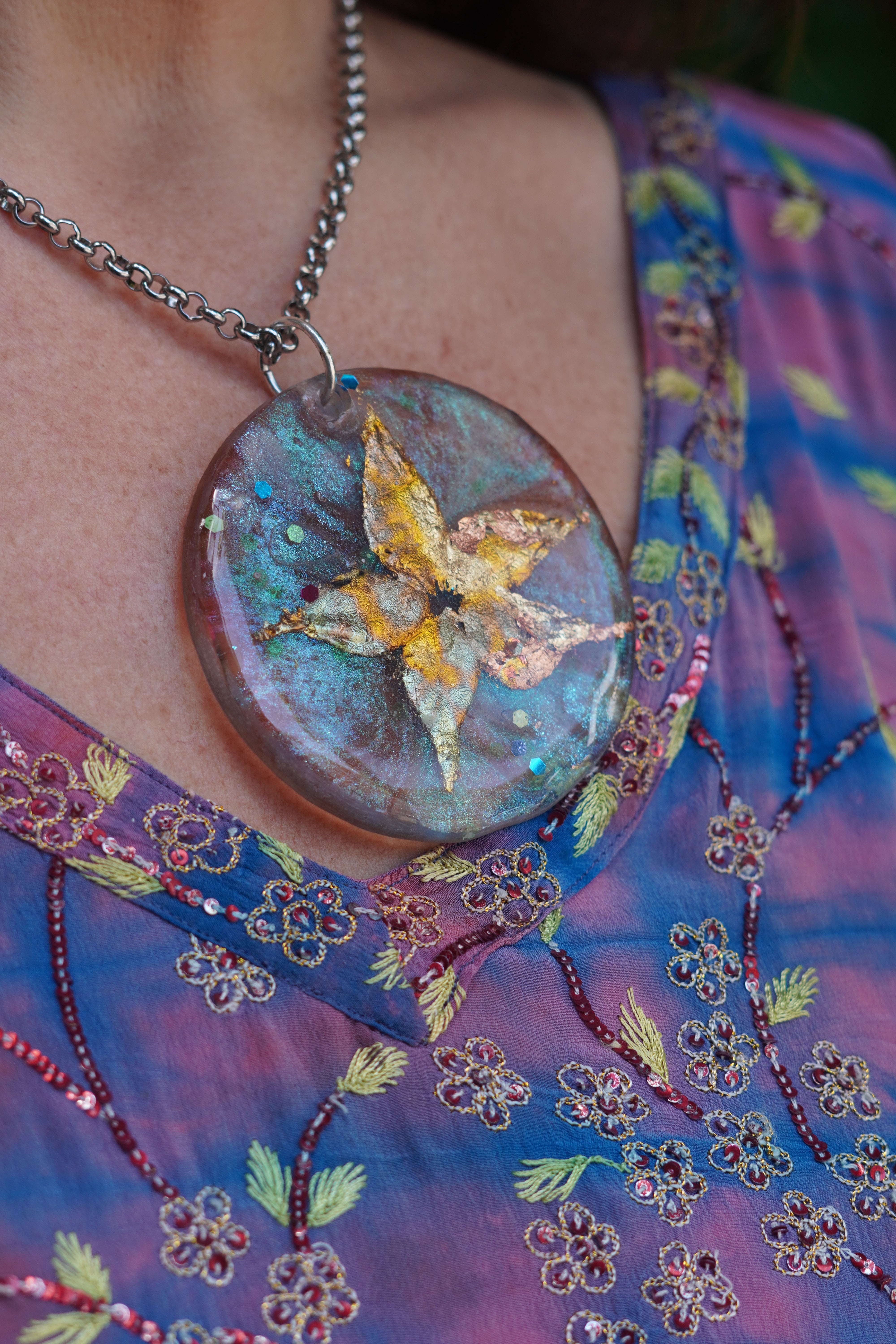 Gold and Blue Flower in Space  Pendant