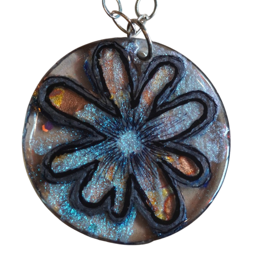 Blue and Coral Graphic Flower Pendant