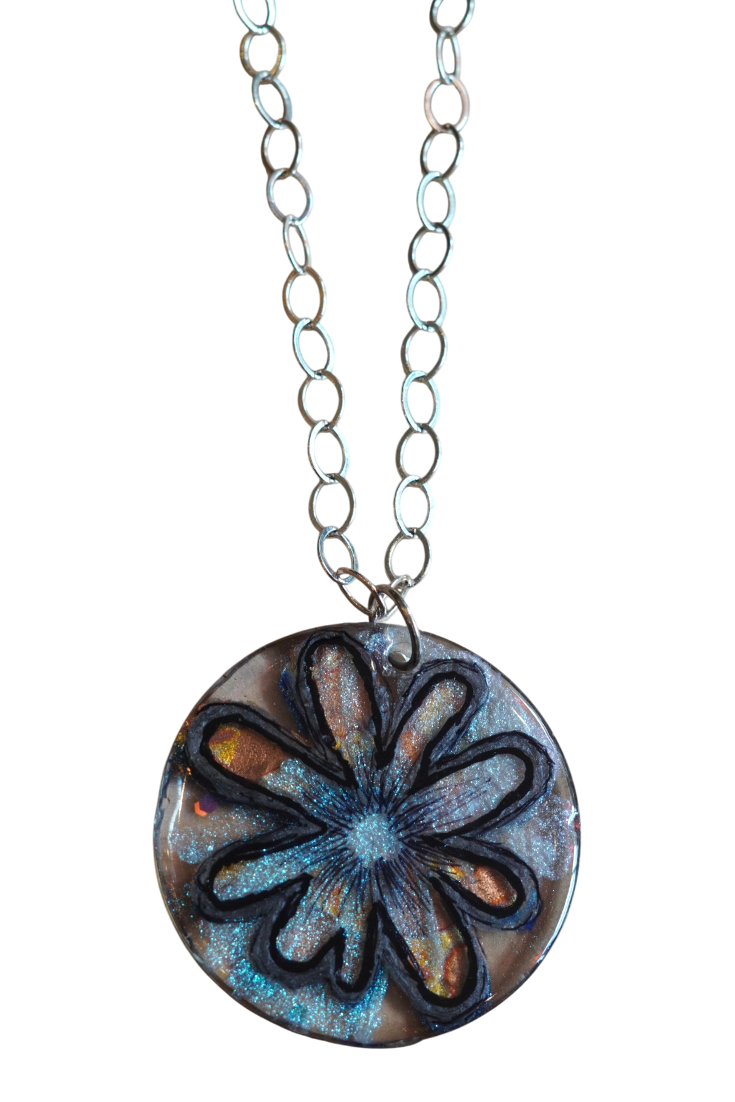 Blue and Coral Graphic Flower Pendant