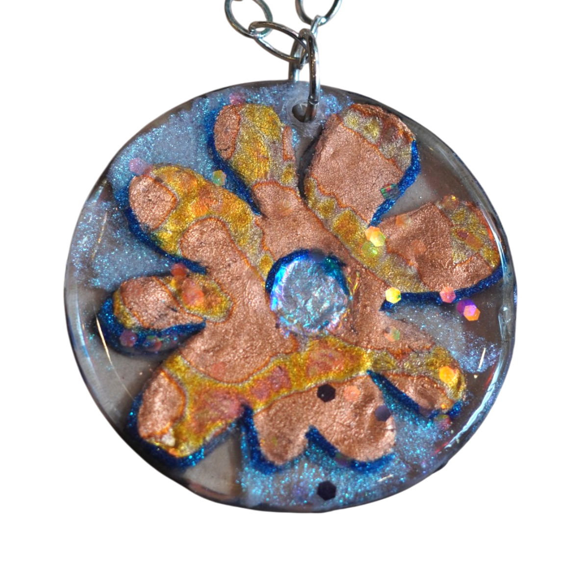Blue and Coral Graphic Flower Pendant