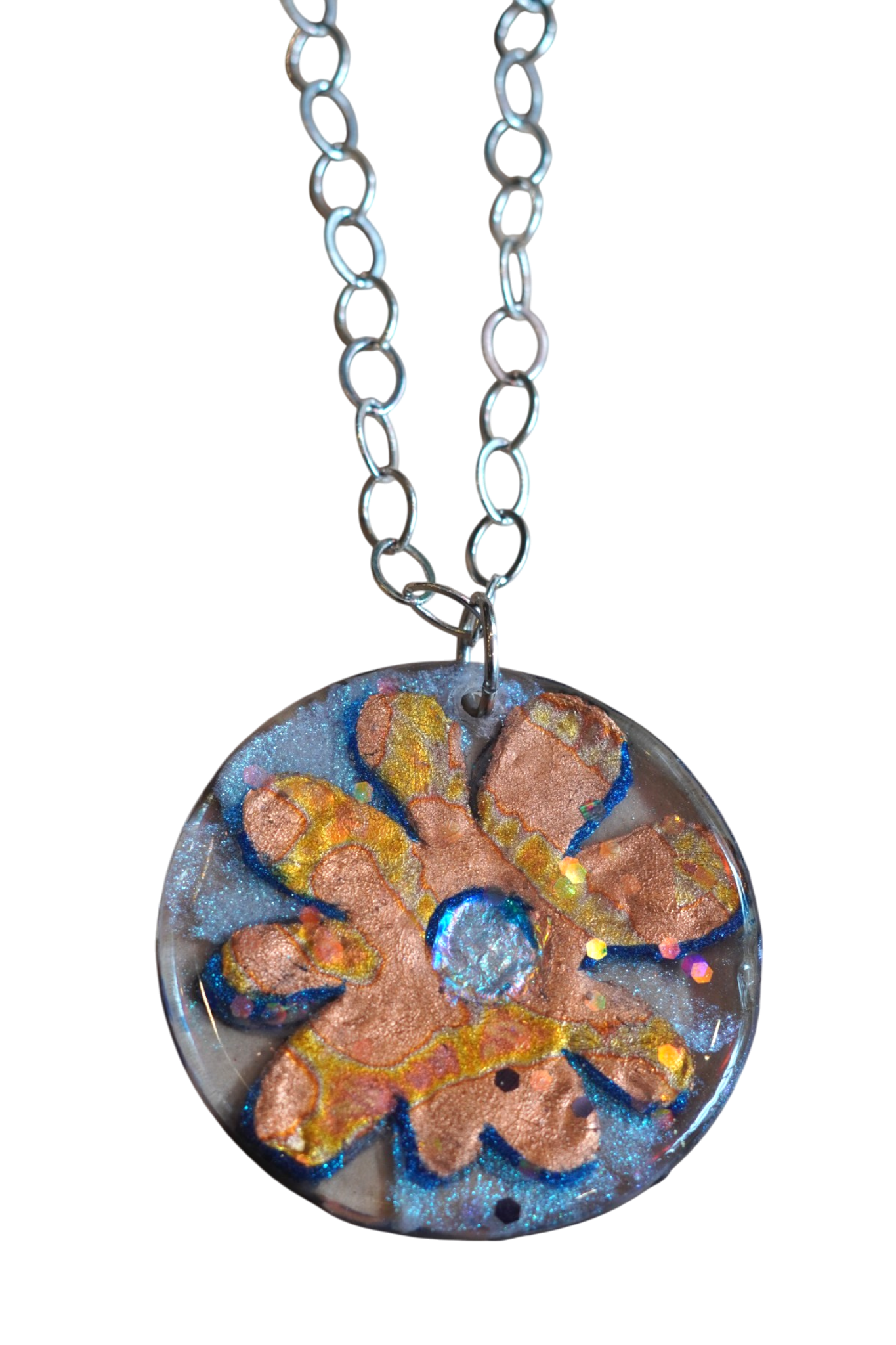 Blue and Coral Graphic Flower Pendant