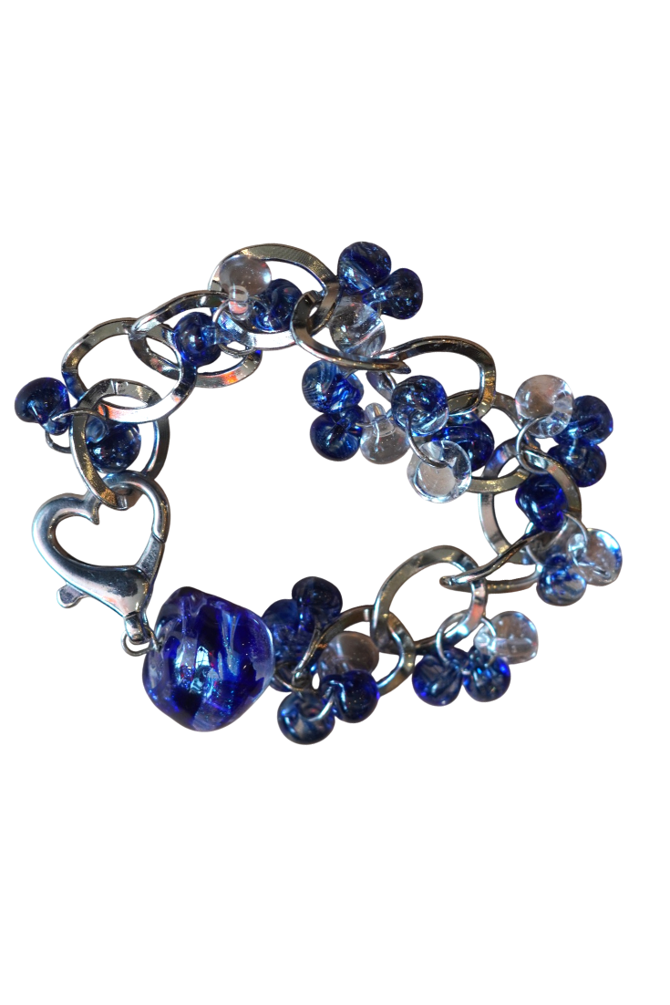 Clear Glass with Blue Ribbons Lampwork Glass Bracelet