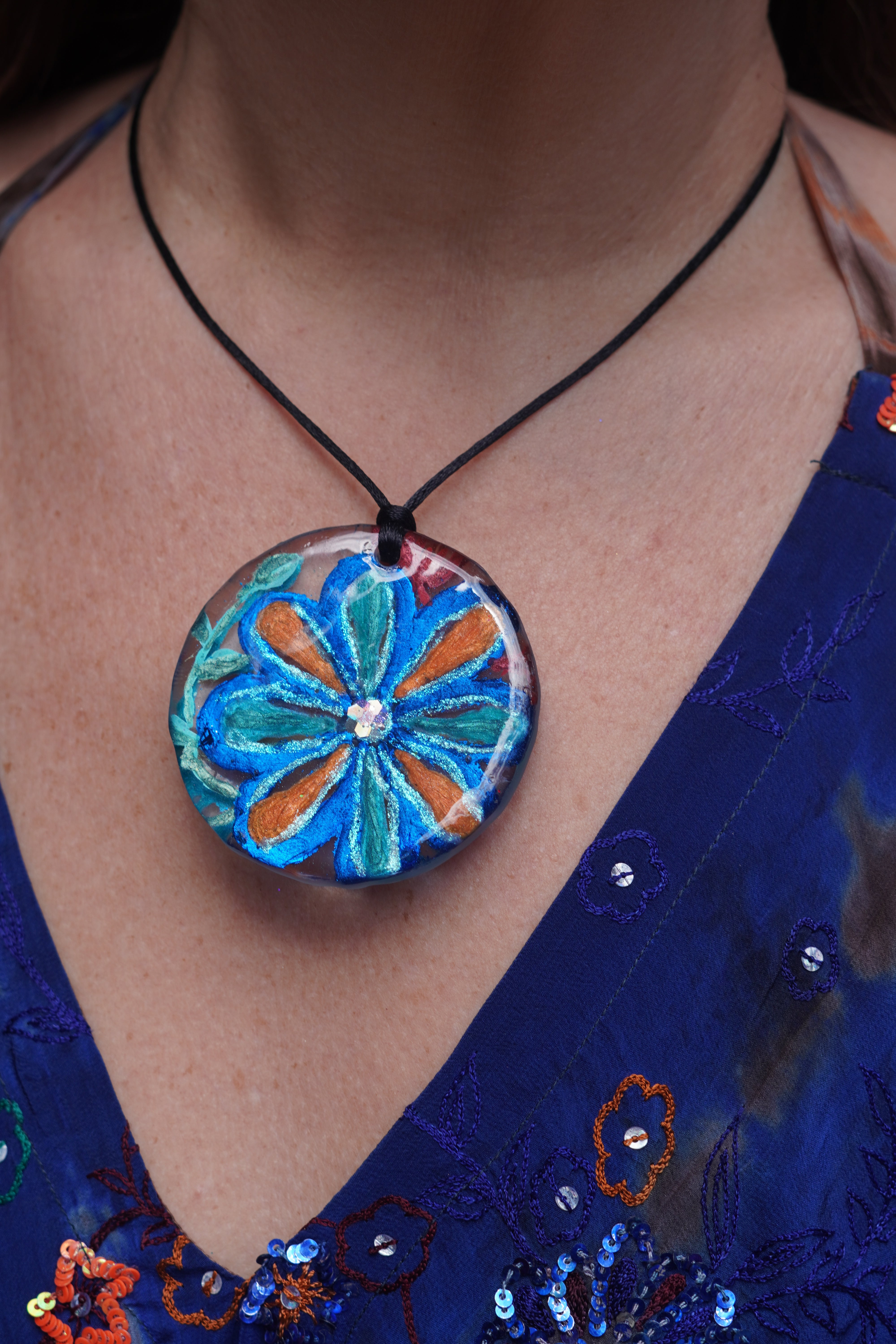 Orange and Blue Silk Inspired Flower  Pendant