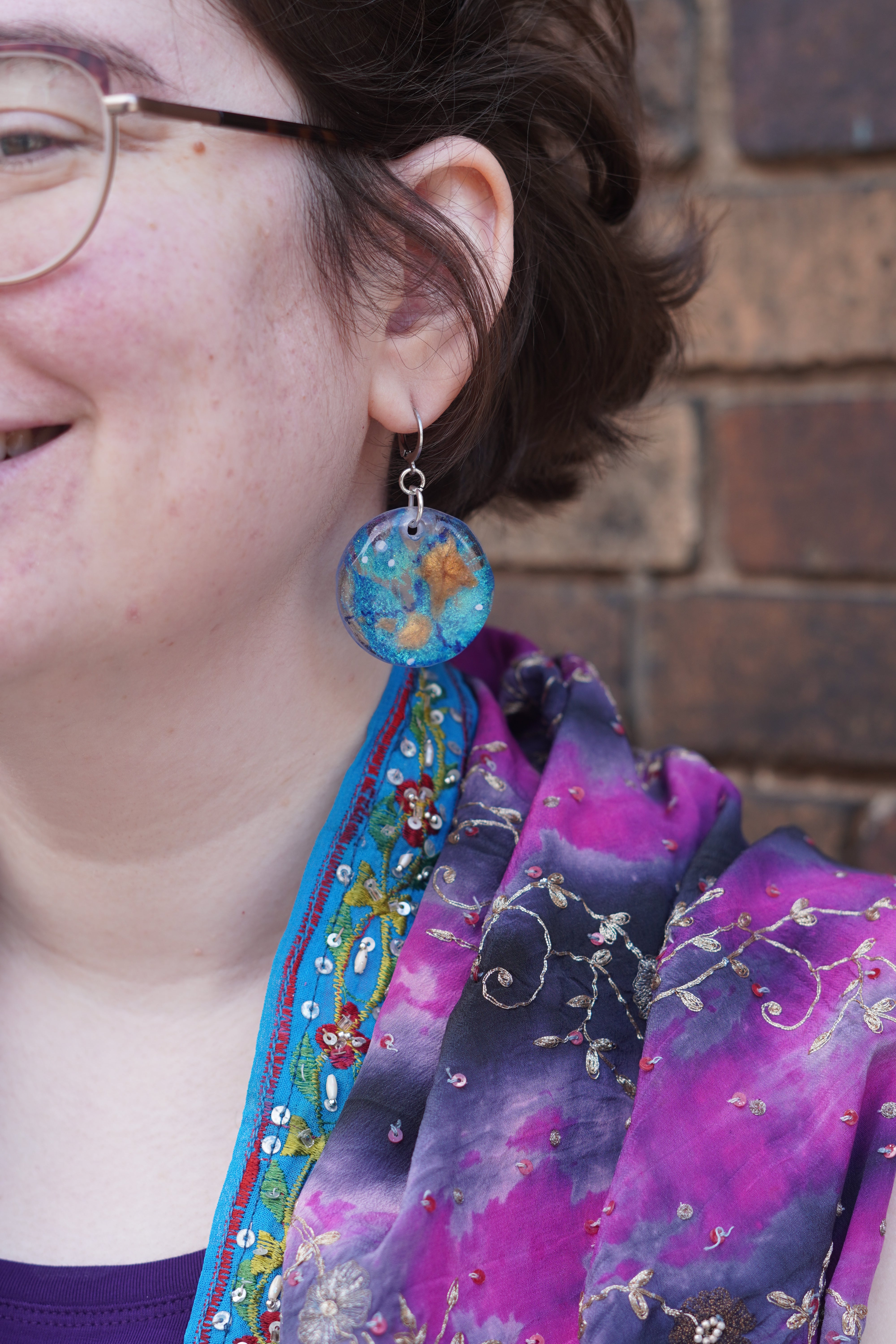 Teal and Gold Tone Mica Earrings
