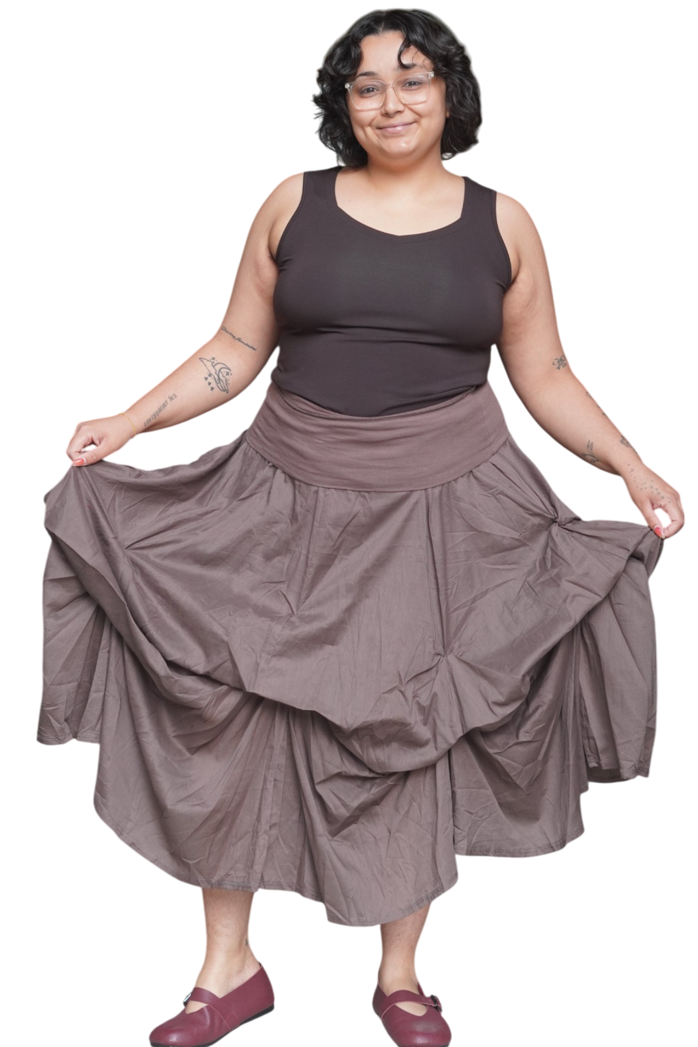 Mocha Gathered Bubble Cotton Voile Tiered Skirt